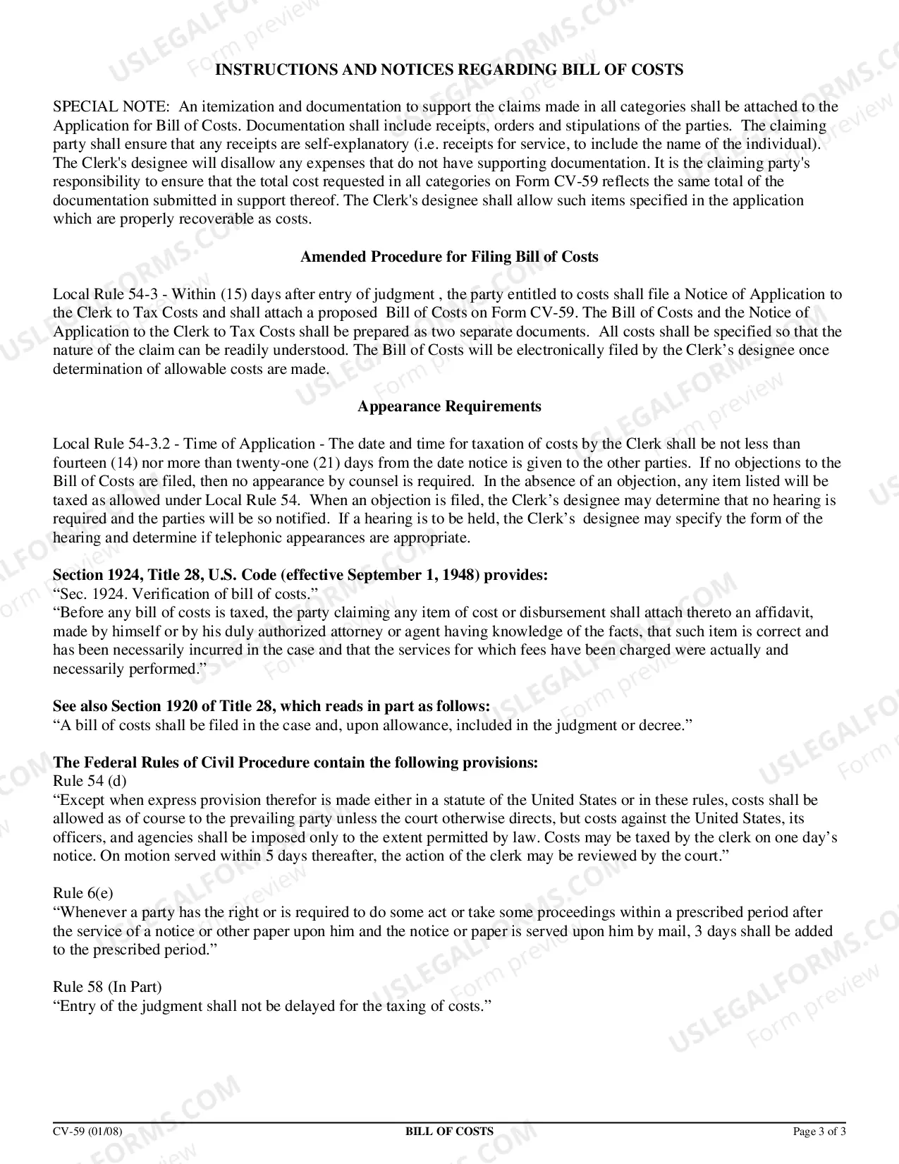 Preview Bill of Costs