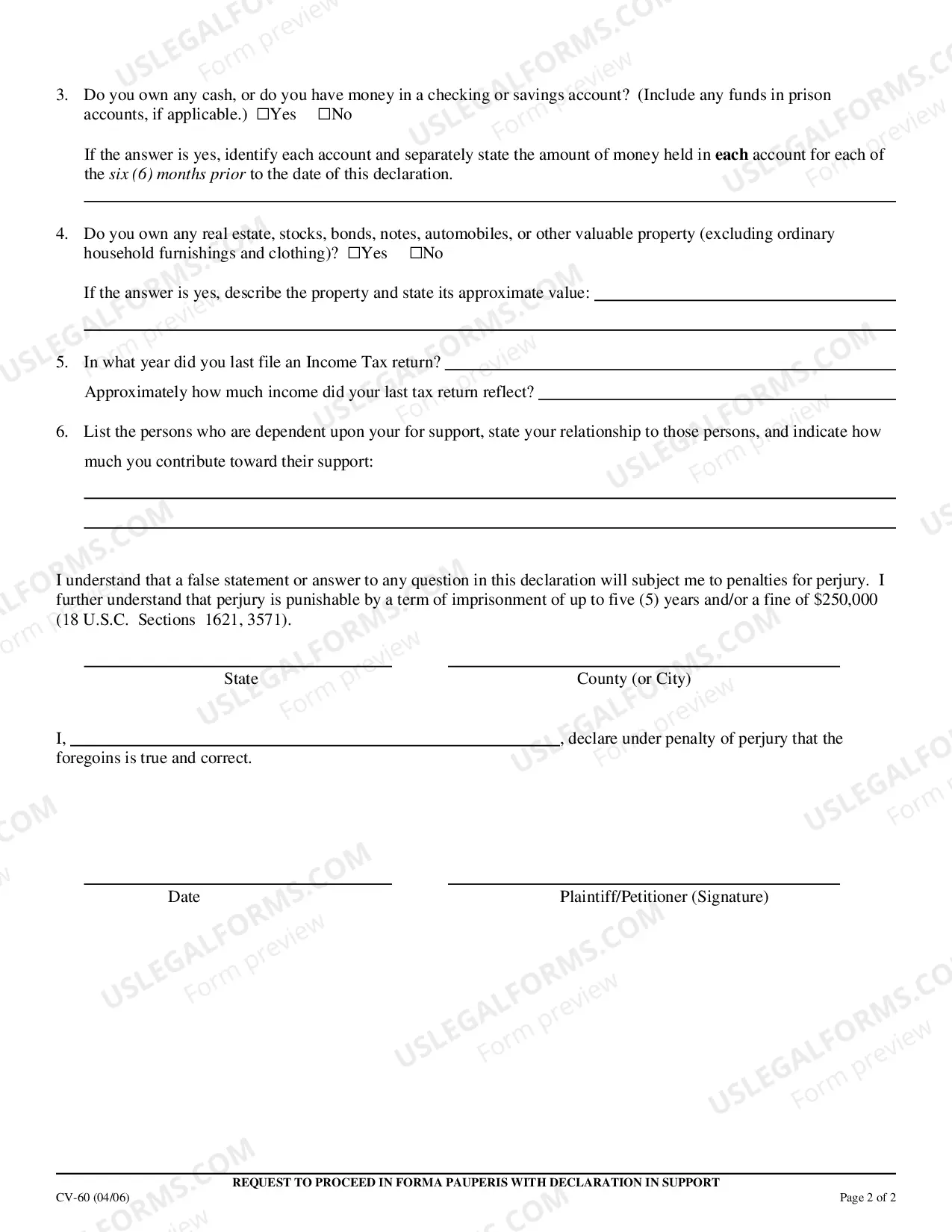 Preview Request to Proceed in Forma Pauperis with Declaration in Support