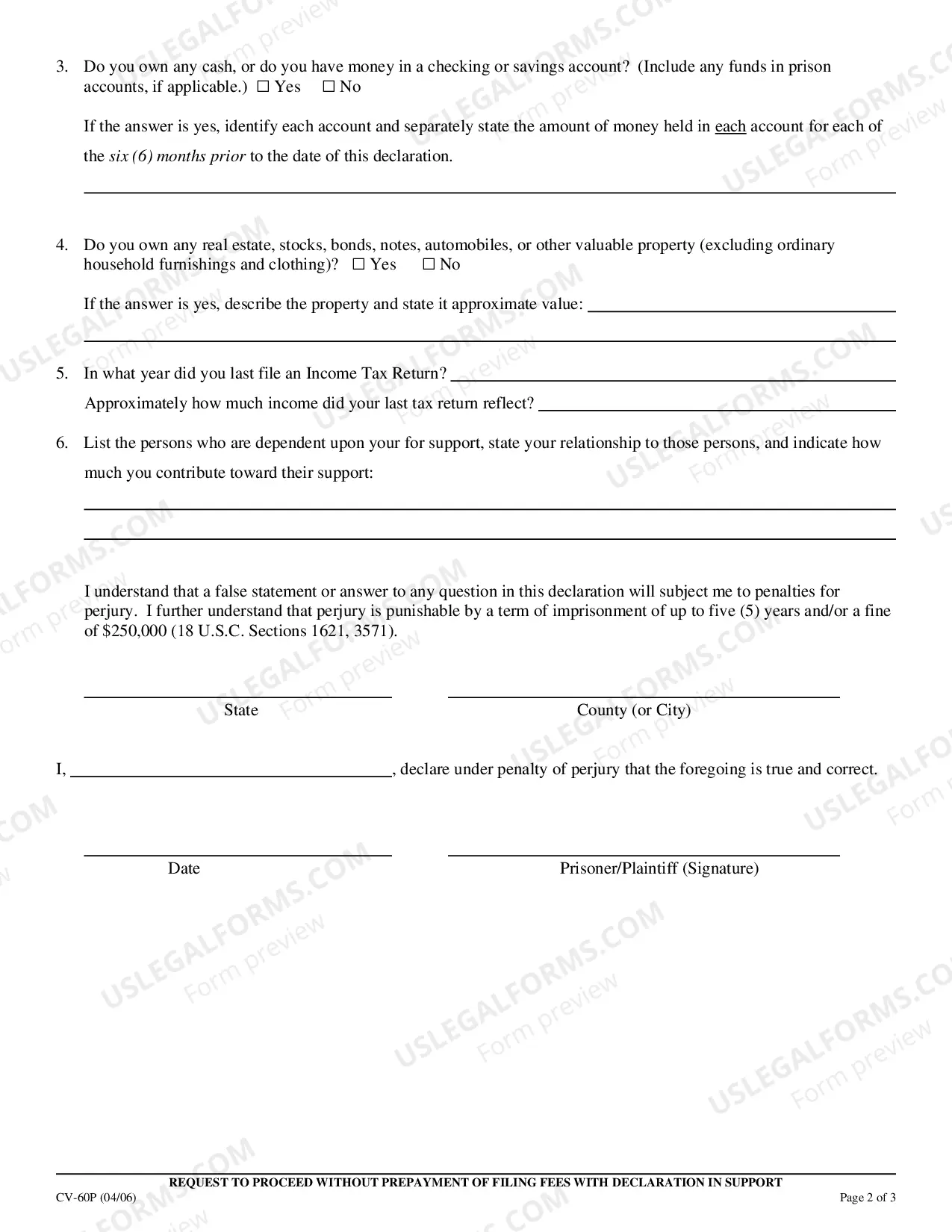 Preview Request To Proceed Without Prepayment Of Filing Fees With Declaration In Support