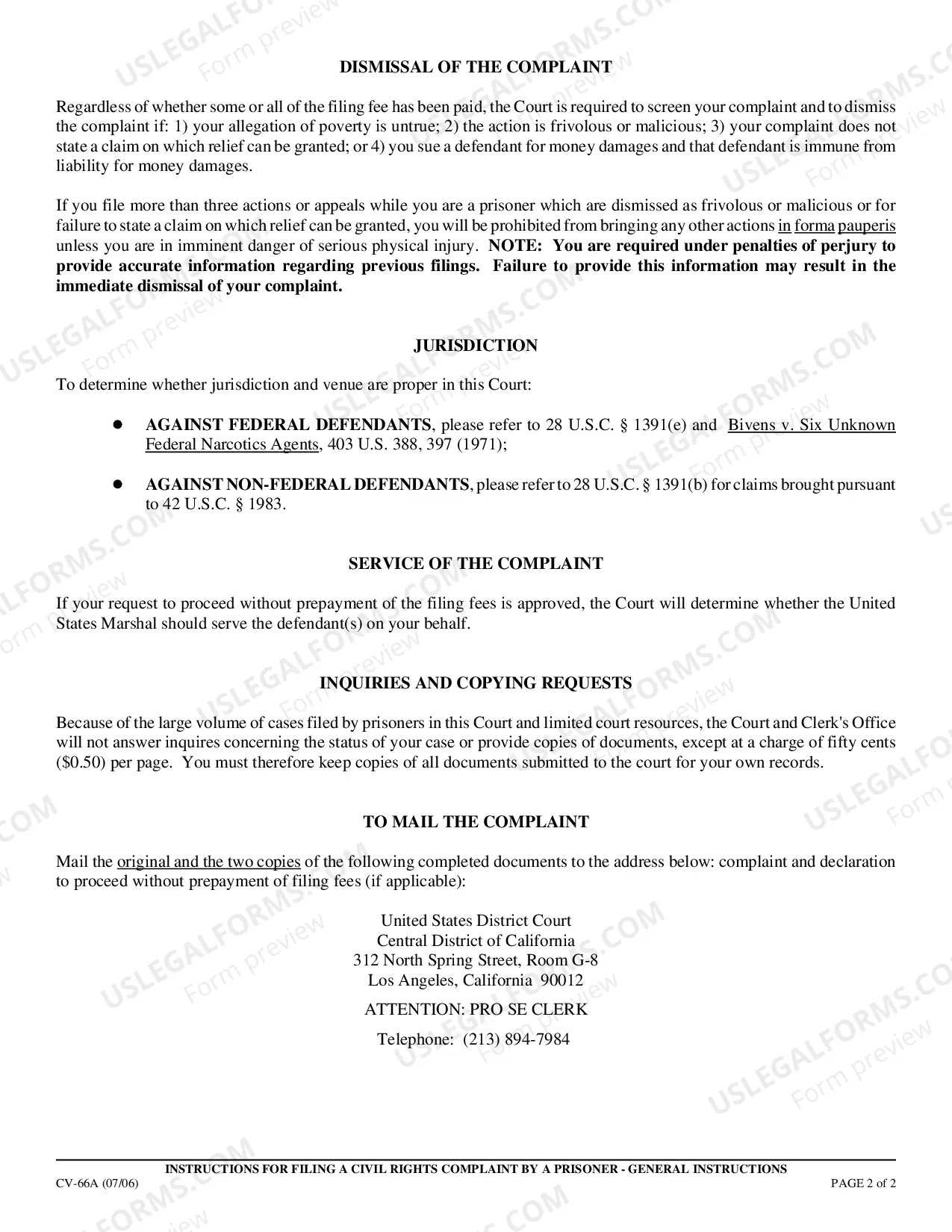 Preview Instructions for Filing a Civil Rights Complaint by a Prisoner - General Instructions
