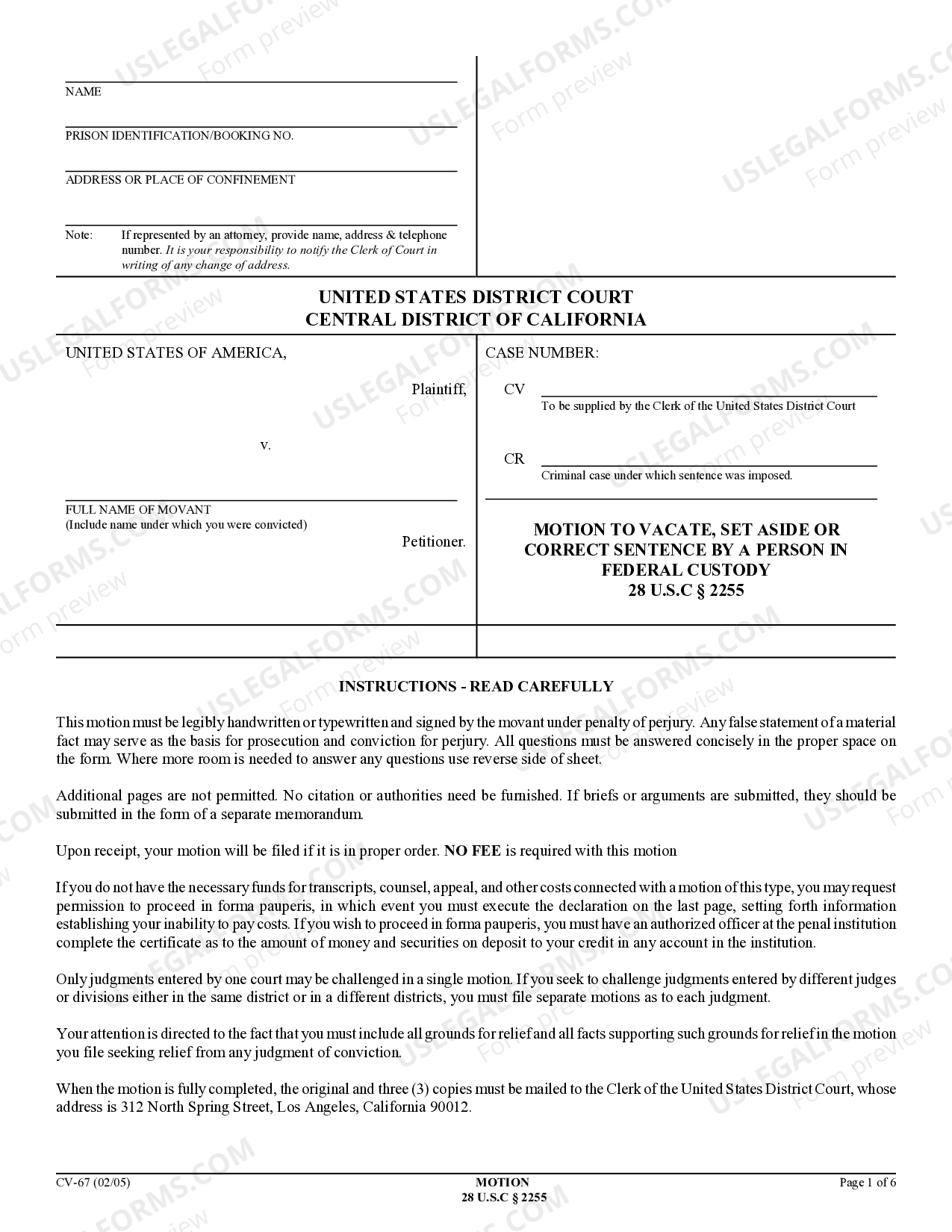 Moreno Valley California Motion to Vacate, Set Aside, or Correct Sentence by a Person in Federal