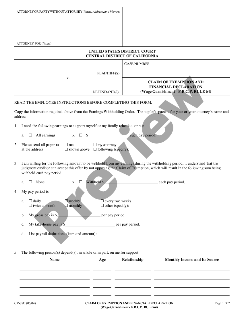 California Wage Garnishment Package F.R.C.P. Rule 64 US Legal Forms