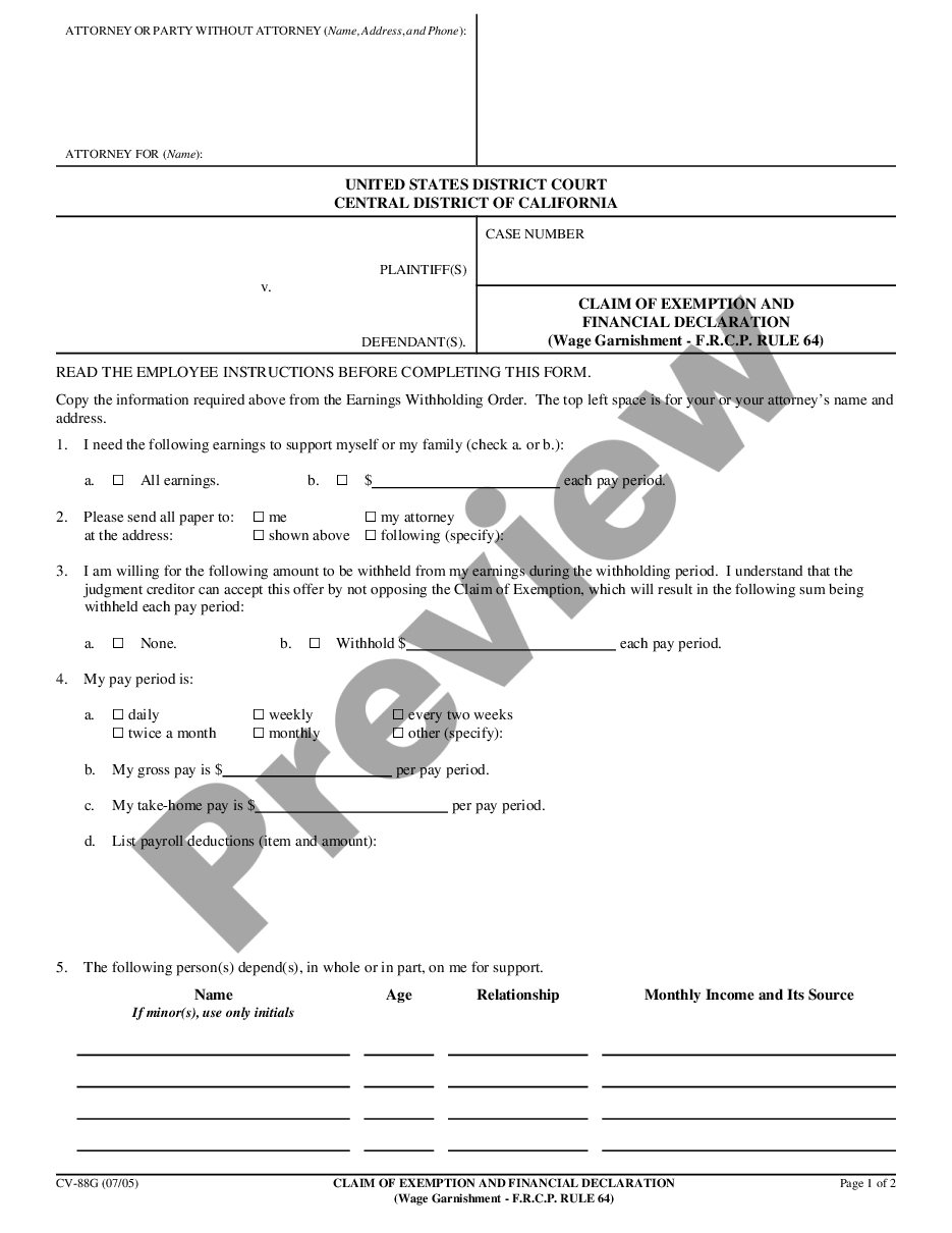 West Covina California Claim of Exemption and Financial Declaration