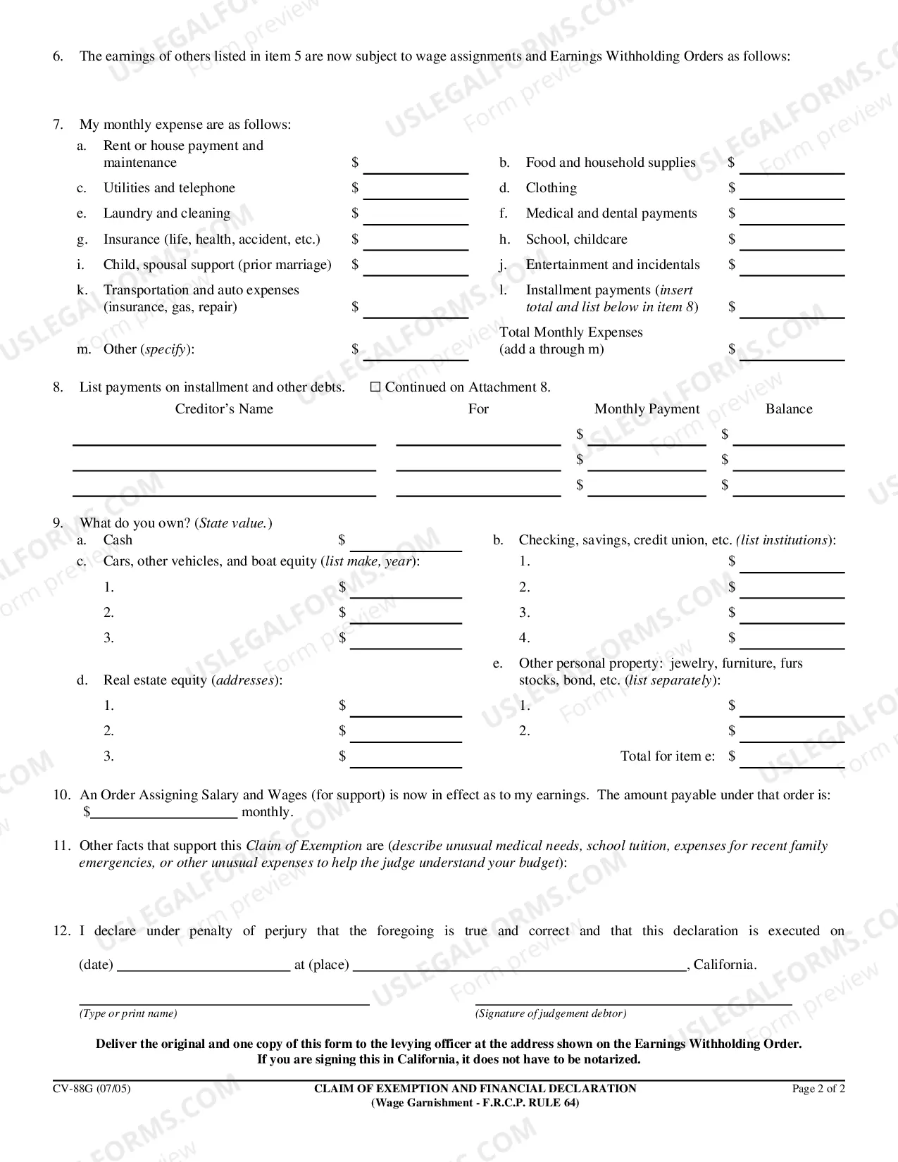 Preview Claim of Exemption and Financial Declaration - Wage Garnishment - F.R.C.P. Rule 64