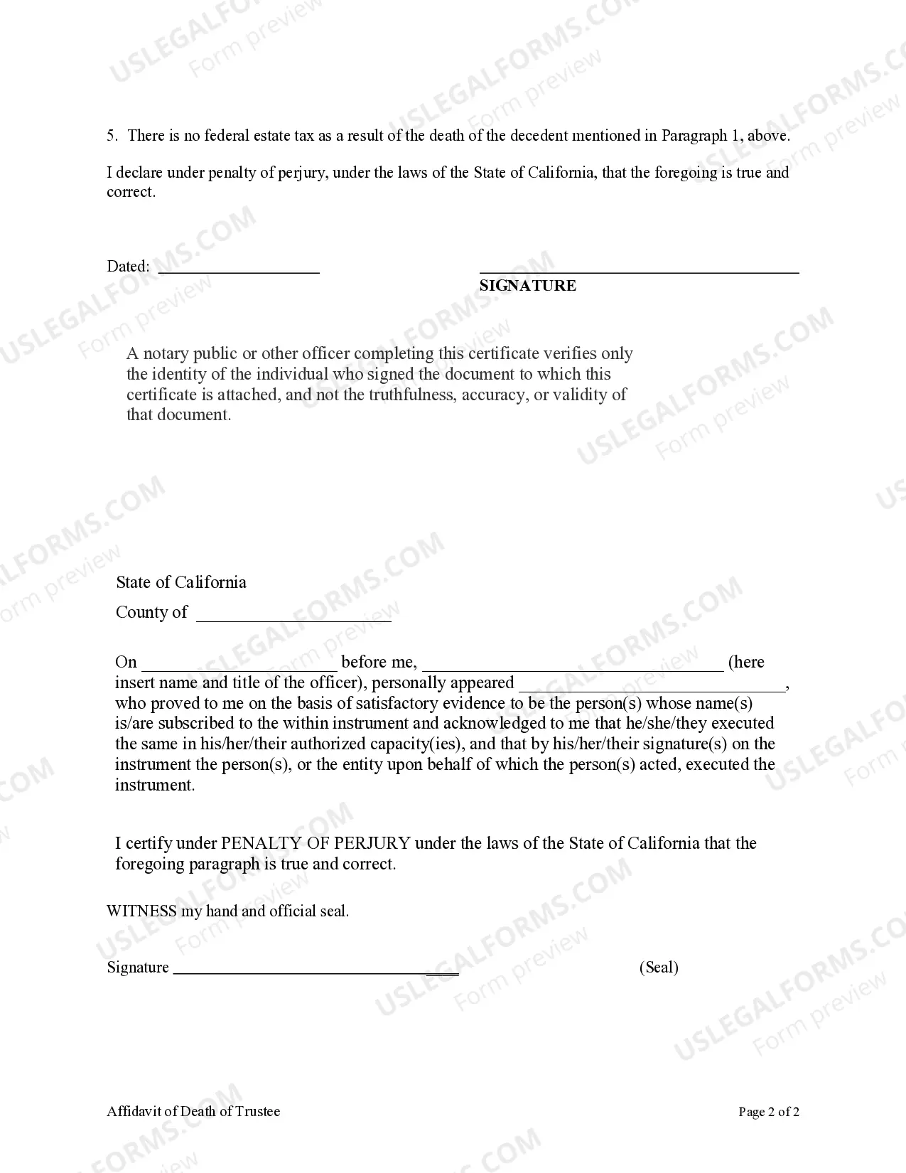 Preview Affidavit of Death of Trustee
