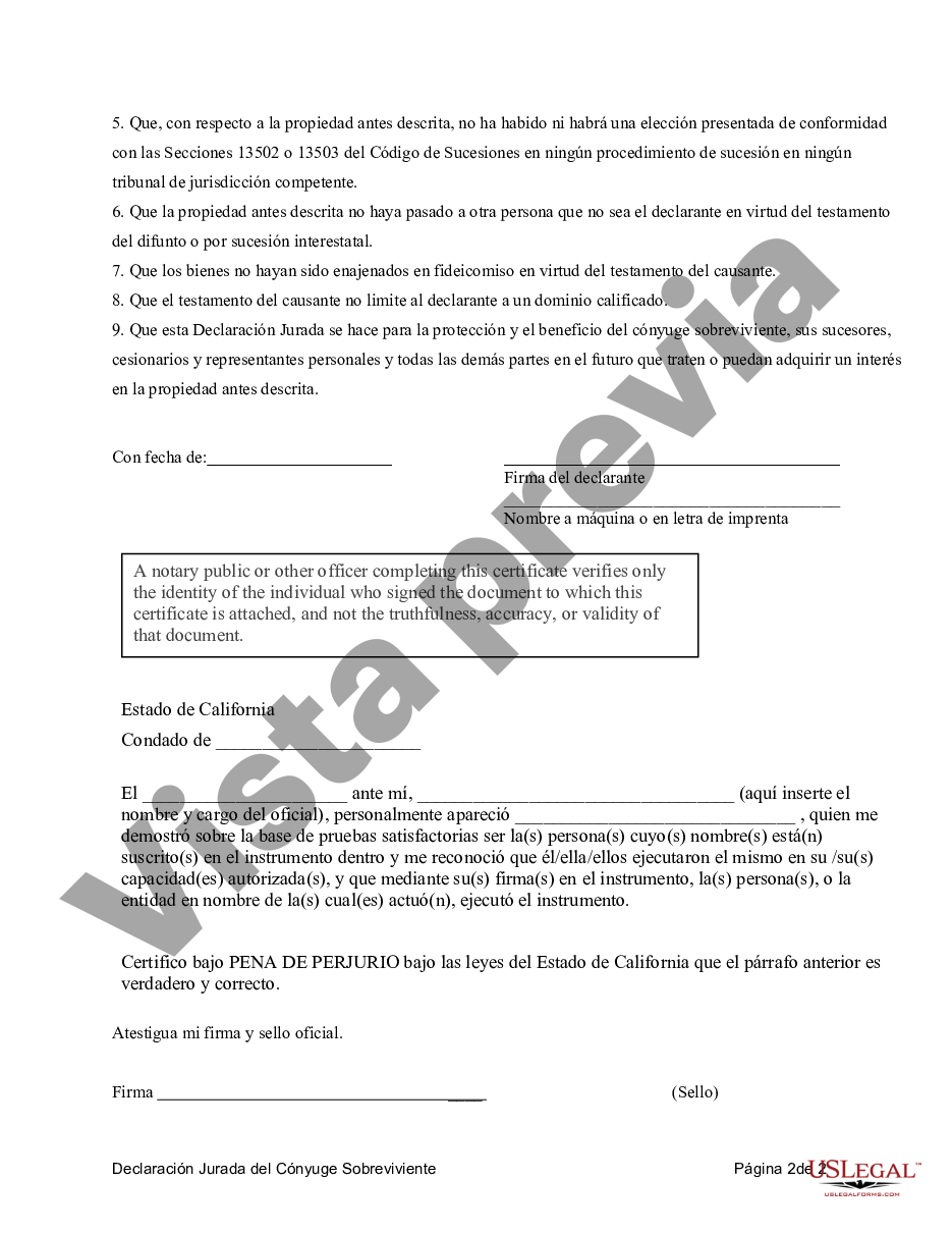 Temecula California Declaración Jurada Del Cónyuge Sobreviviente Que Sucede Al Título De 4476