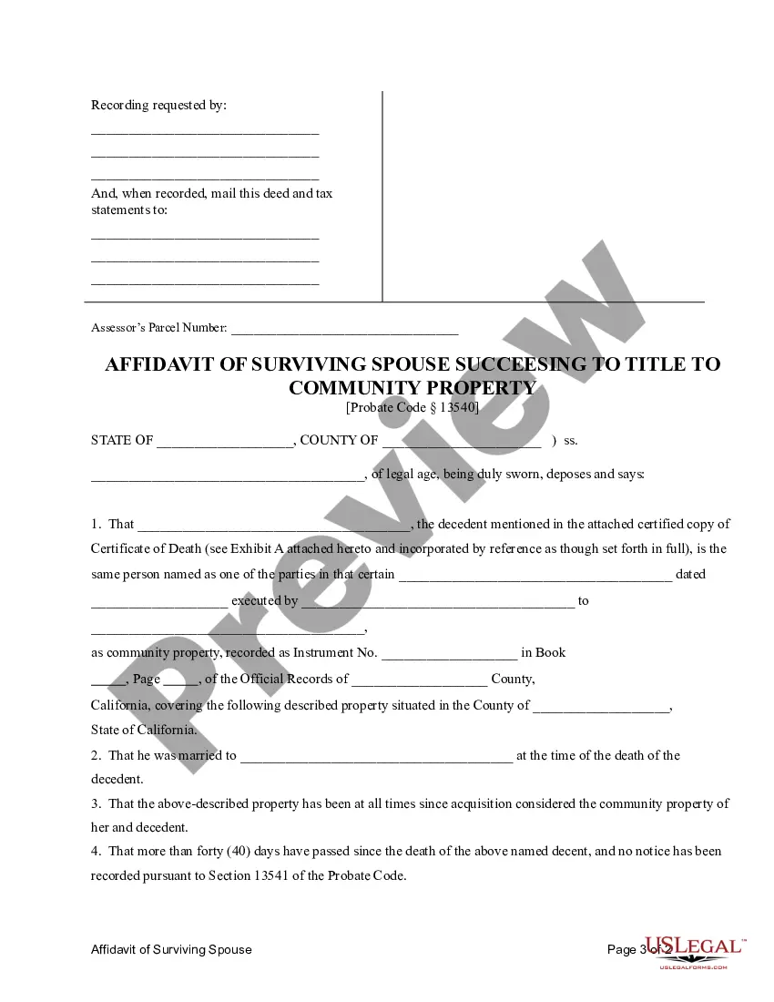 Get Affidavit of Surviving Spouse Succeeding to Title to Community Property Preview Affidavit of Surviving Spouse Succeeding to Title to Community Property