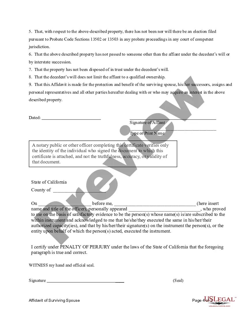 Get Affidavit of Surviving Spouse Succeeding to Title to Community Property Preview Affidavit of Surviving Spouse Succeeding to Title to Community Property