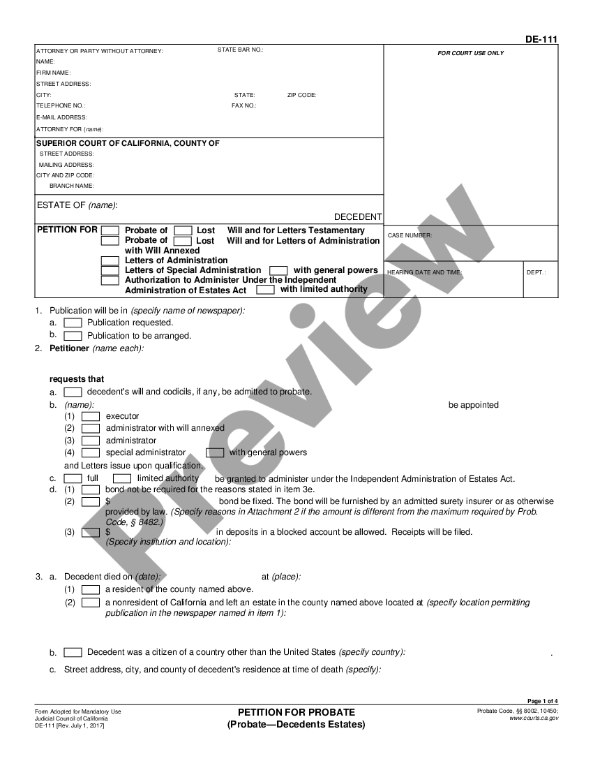 California Petition for Probate De 111 US Legal Forms