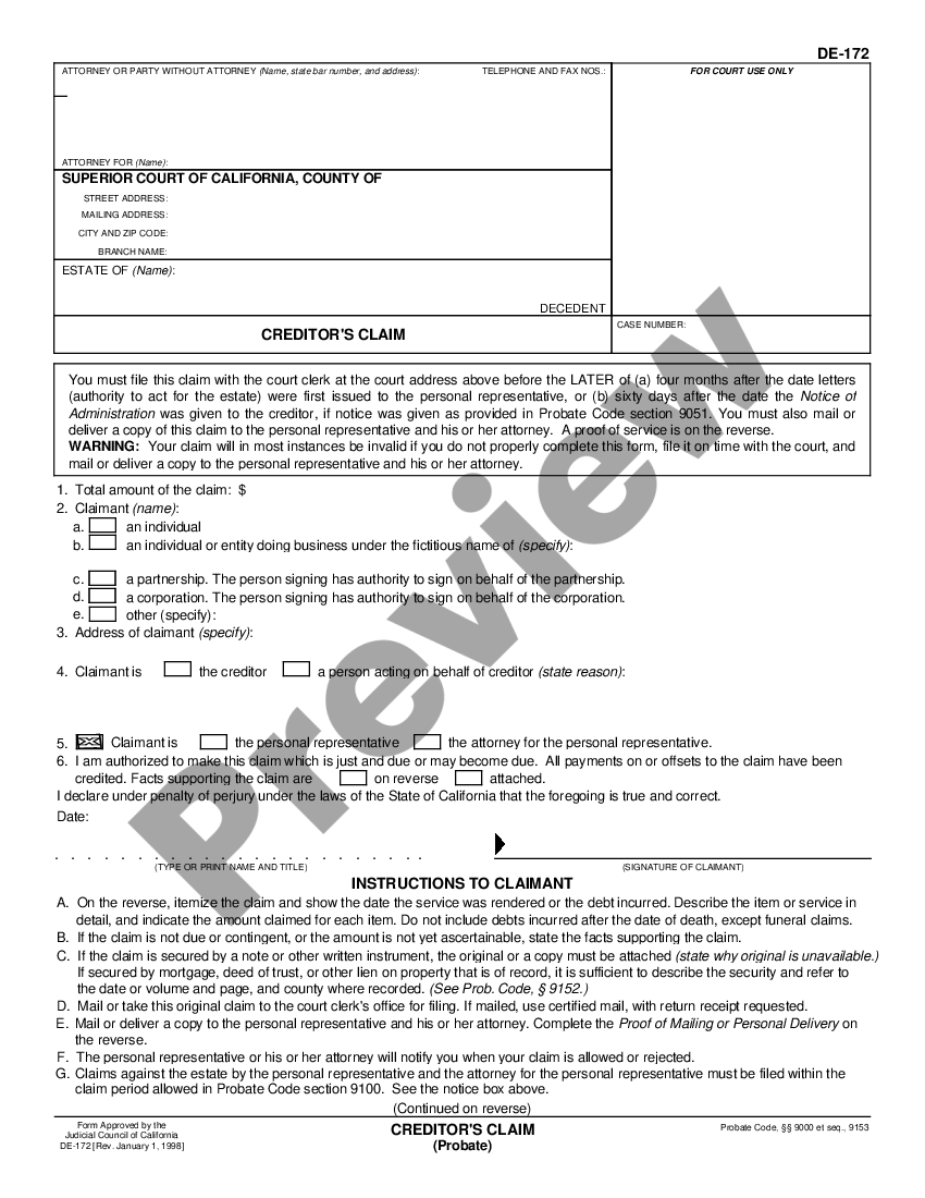 California Creditor Claim Form For Financial Us Legal Forms 2938