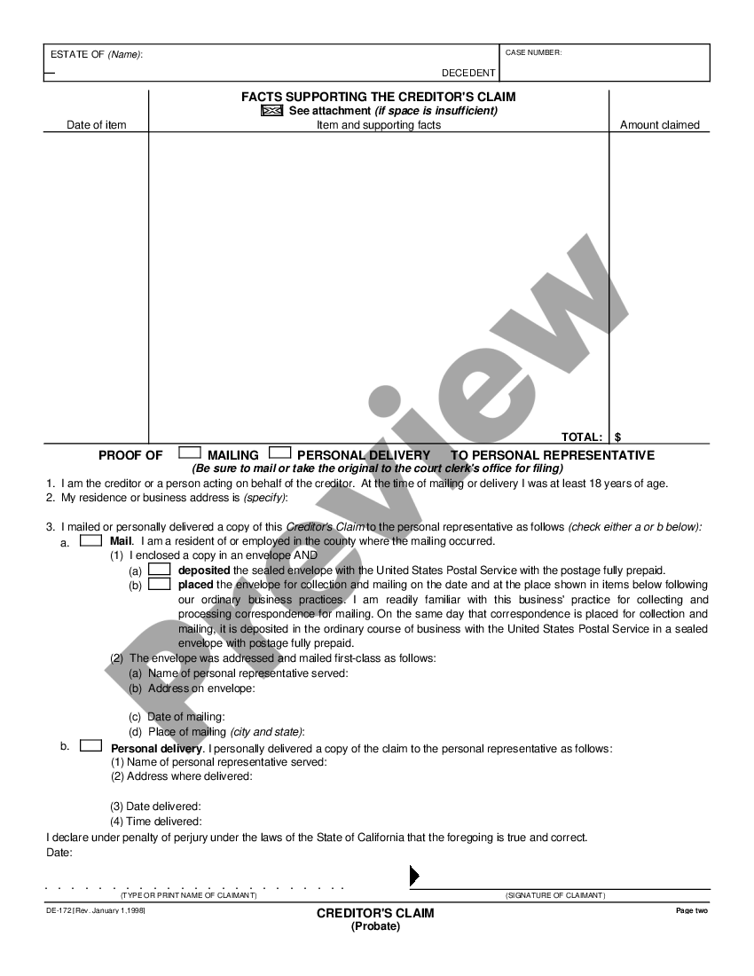 California Creditor Claim Form For Financial Us Legal Forms 8617