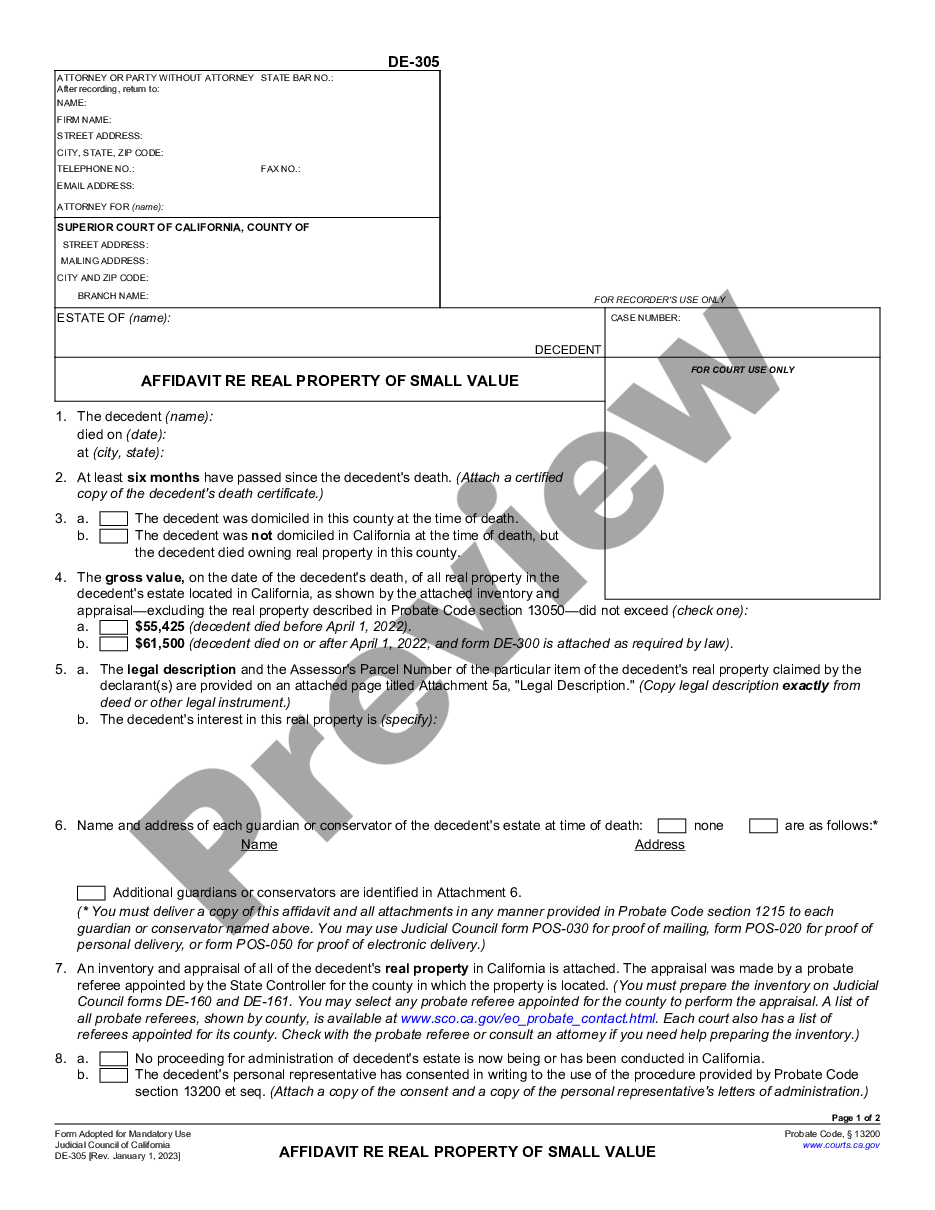 form Affidavit Regarding Real Property of Small Value - $55,425 or Less preview
