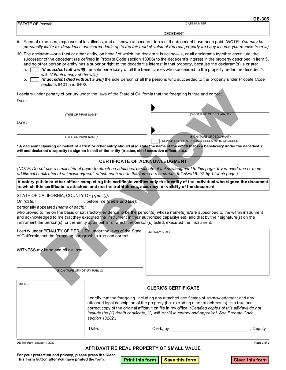 form Affidavit Regarding Real Property of Small Value - $55,425 or Less preview