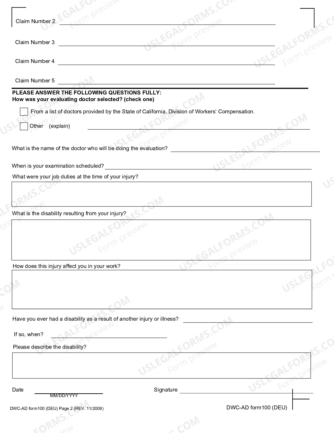 Preview Employee's Permanent Disability Questionnaire for Workers' Compensation