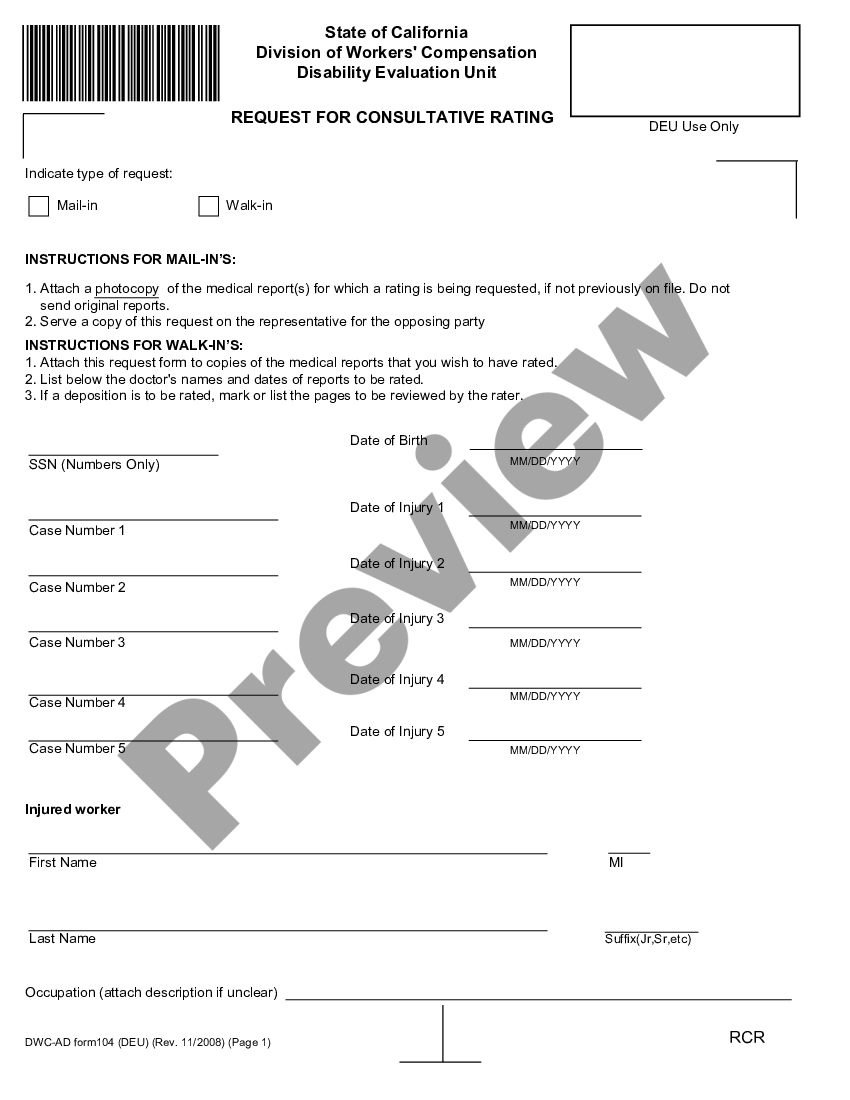 California Request for Consultative Rating for Workers' Compensation
