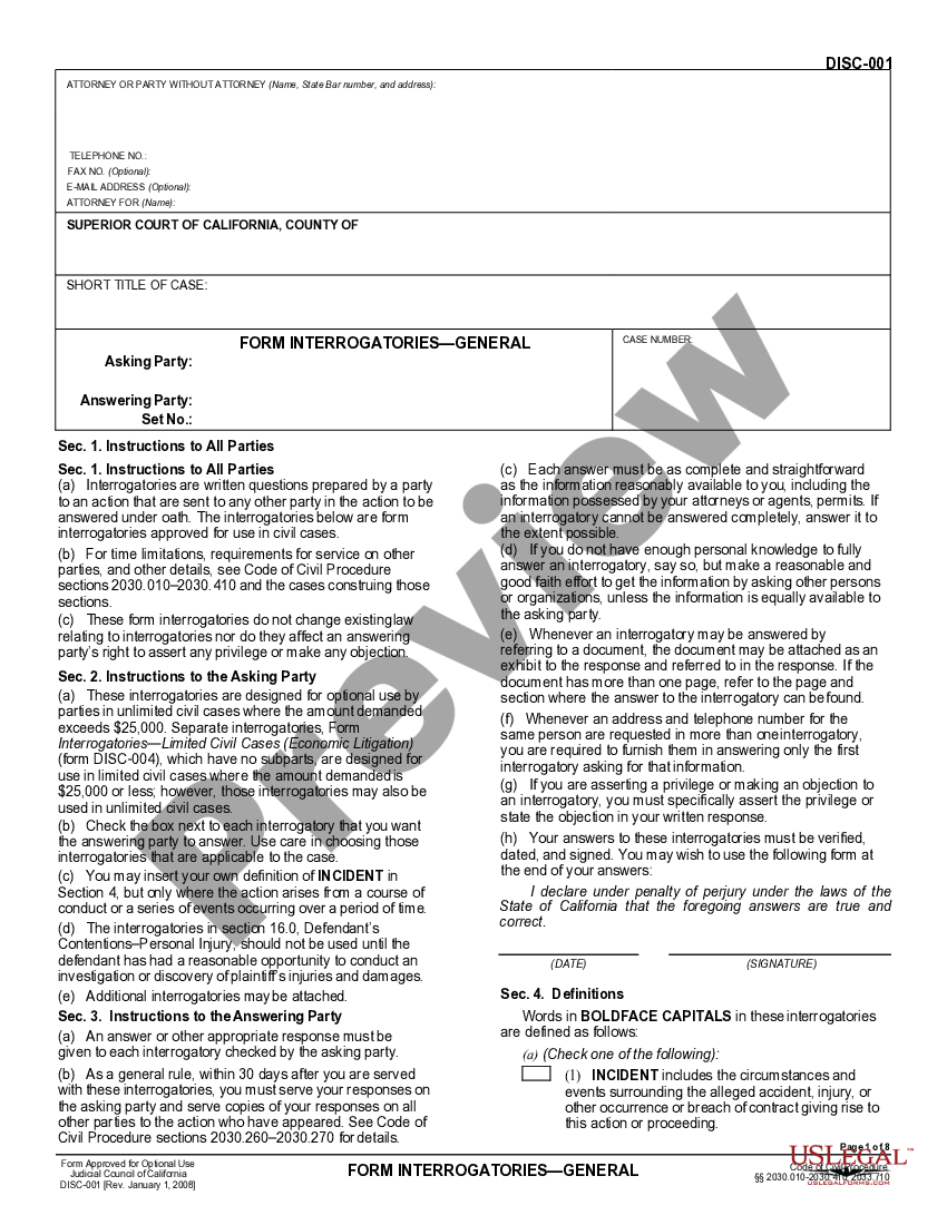 California Form Interrogatories General US Legal Forms