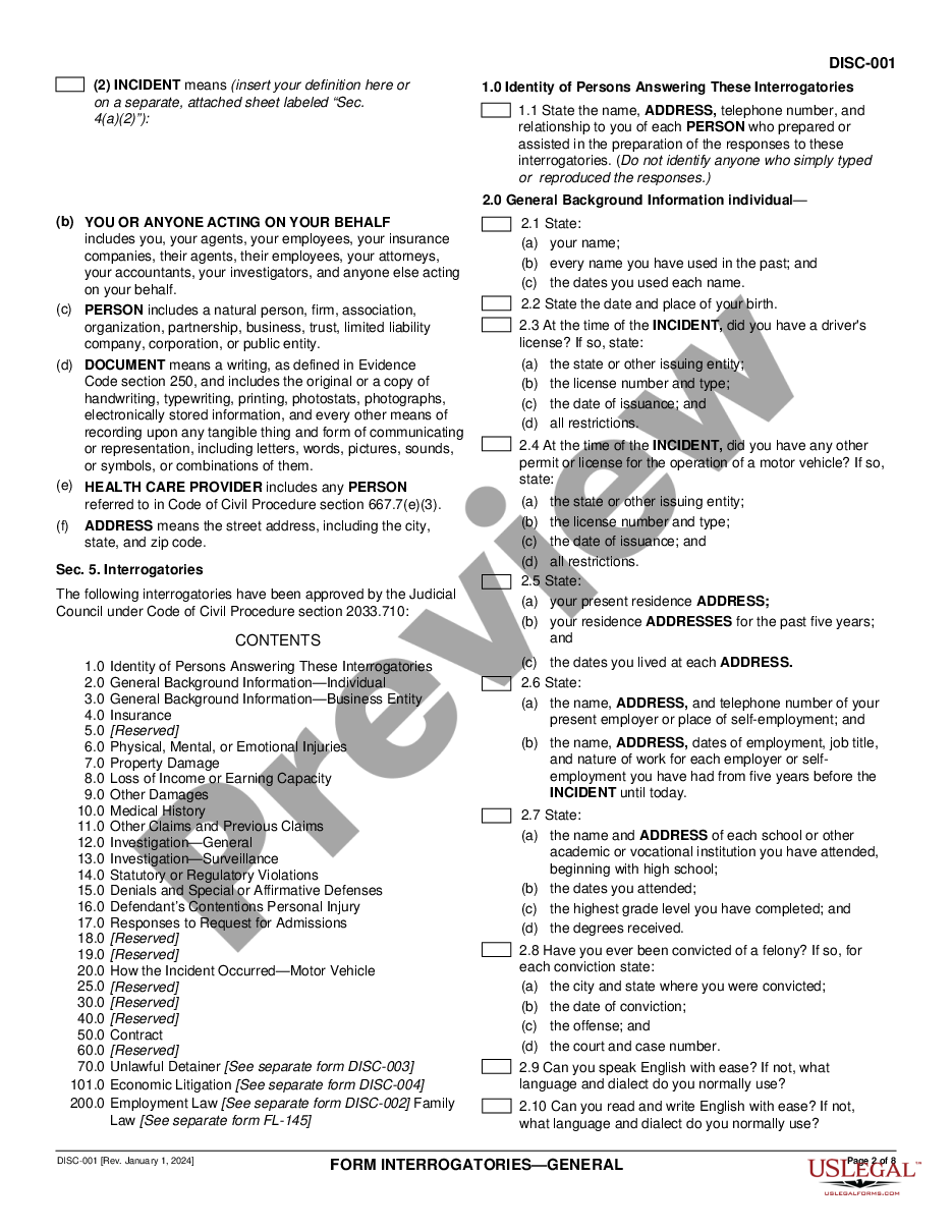page 1 Form Interrogatories - General preview