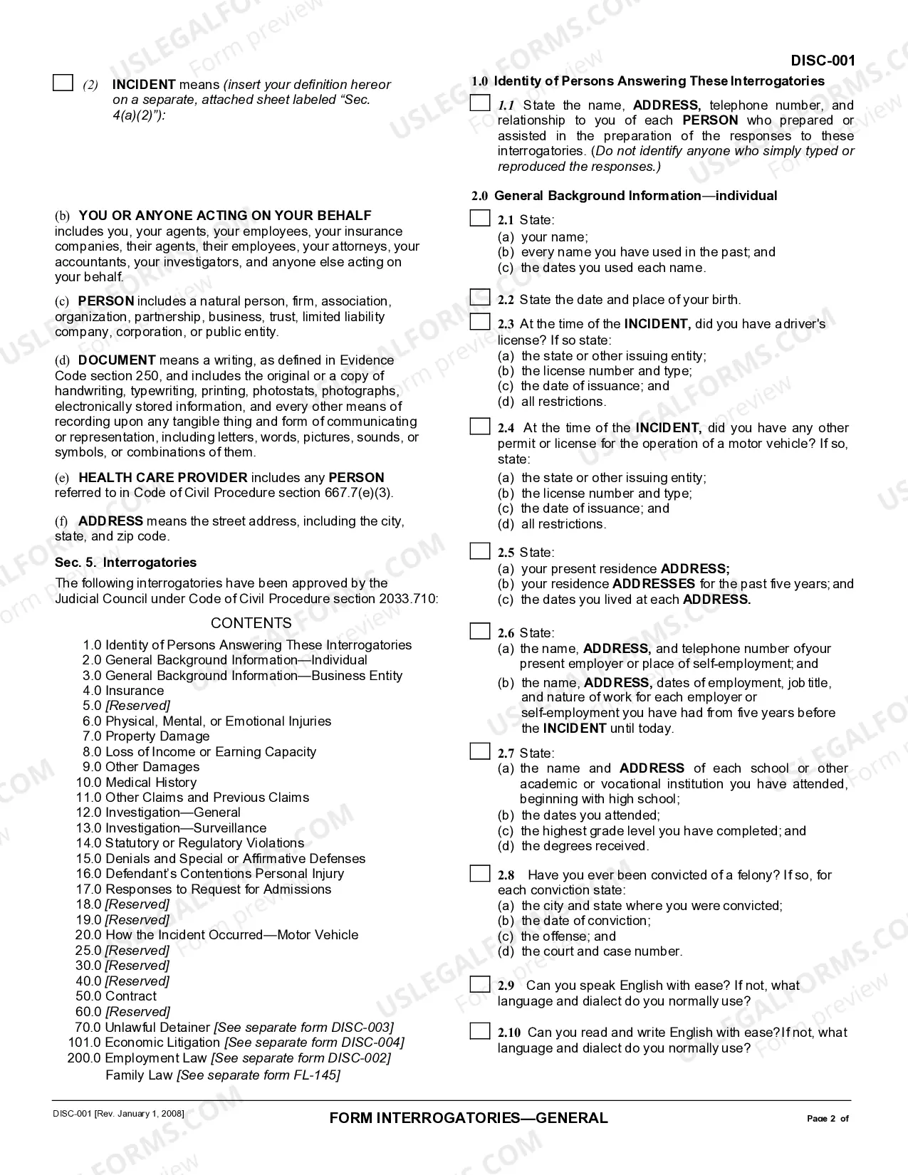 Preview Form Interrogatories - General