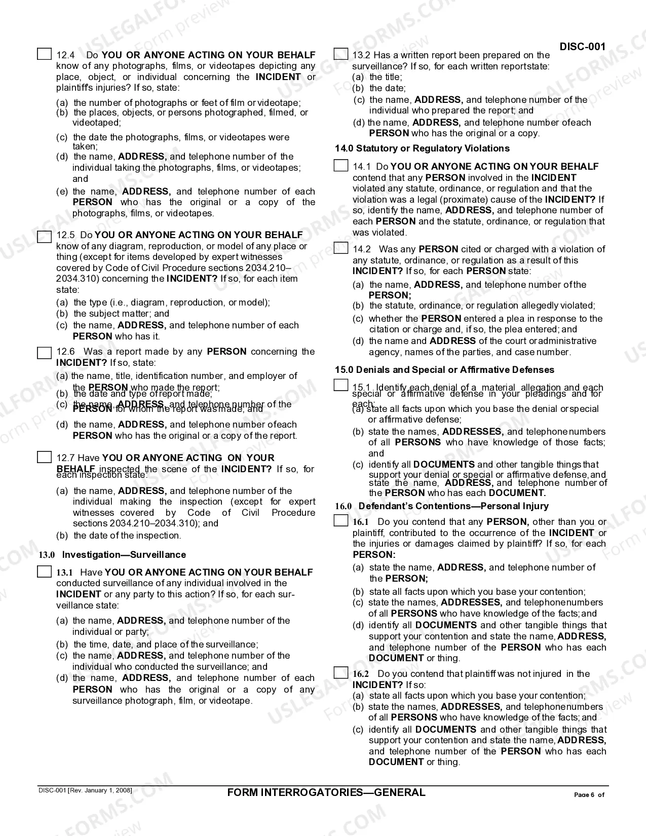 Preview Form Interrogatories - General