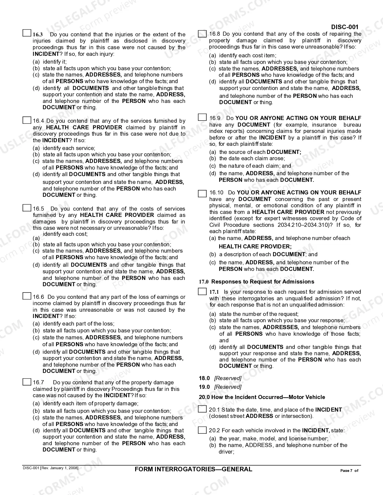 Preview Form Interrogatories - General