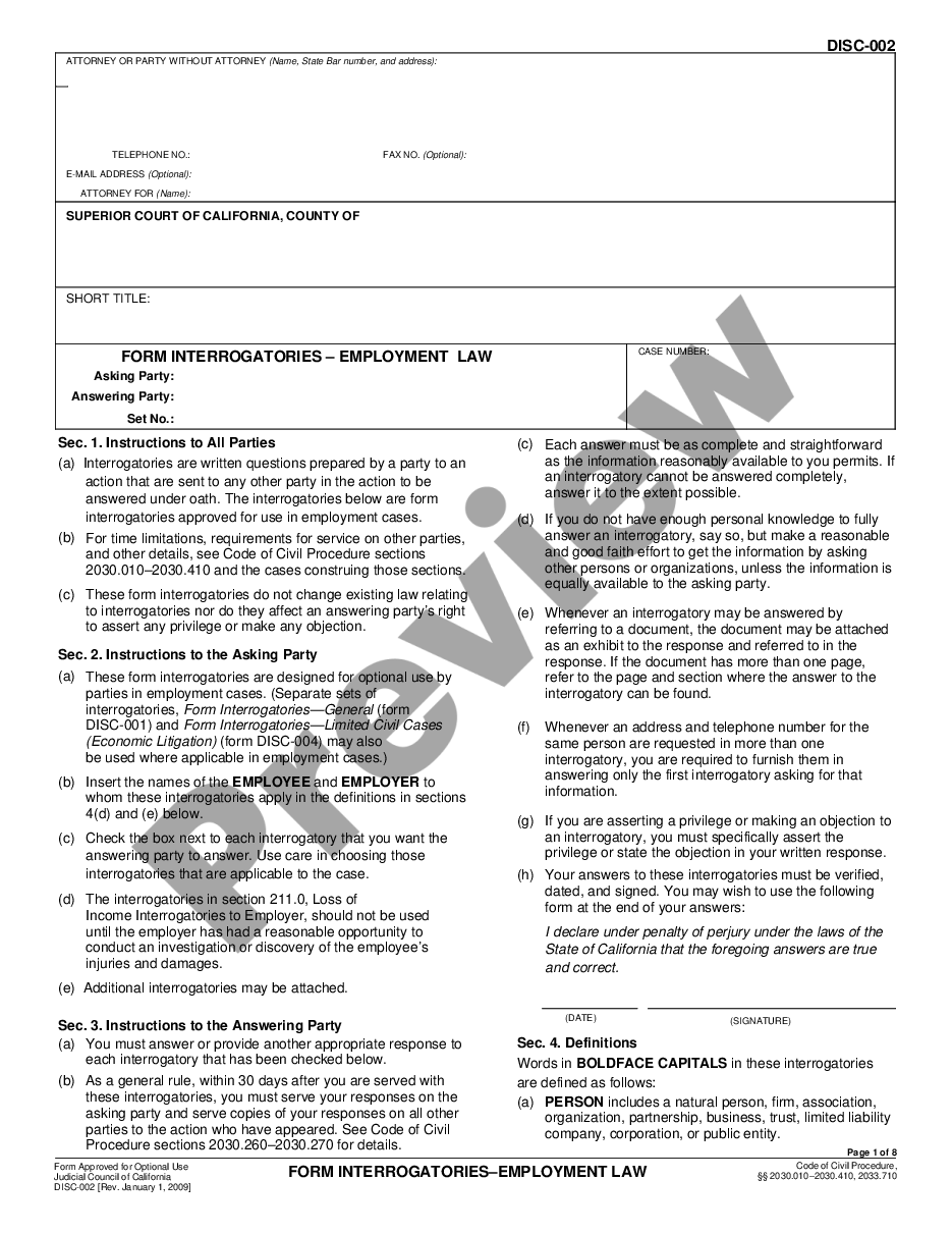 page 0 Form Interrogatories - Employment Law preview