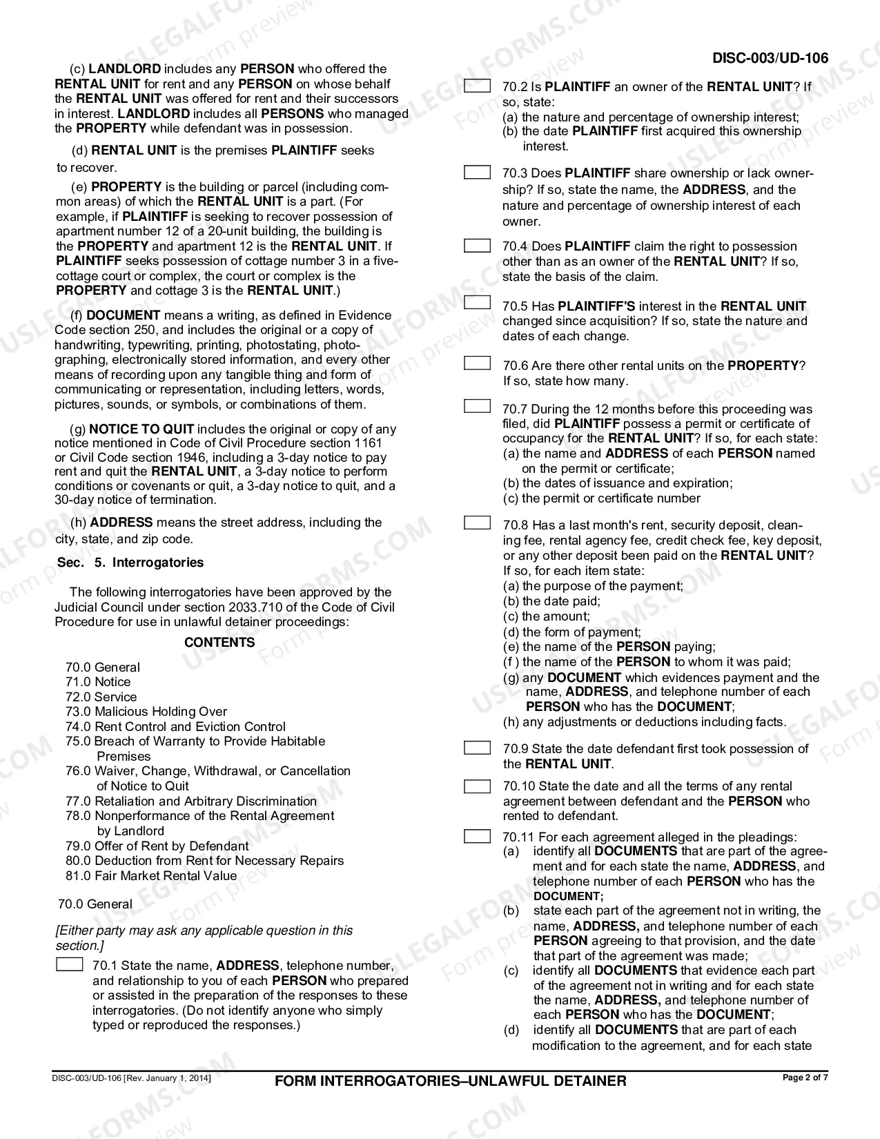 Preview Form Interrogatories - Unlawful Detainer