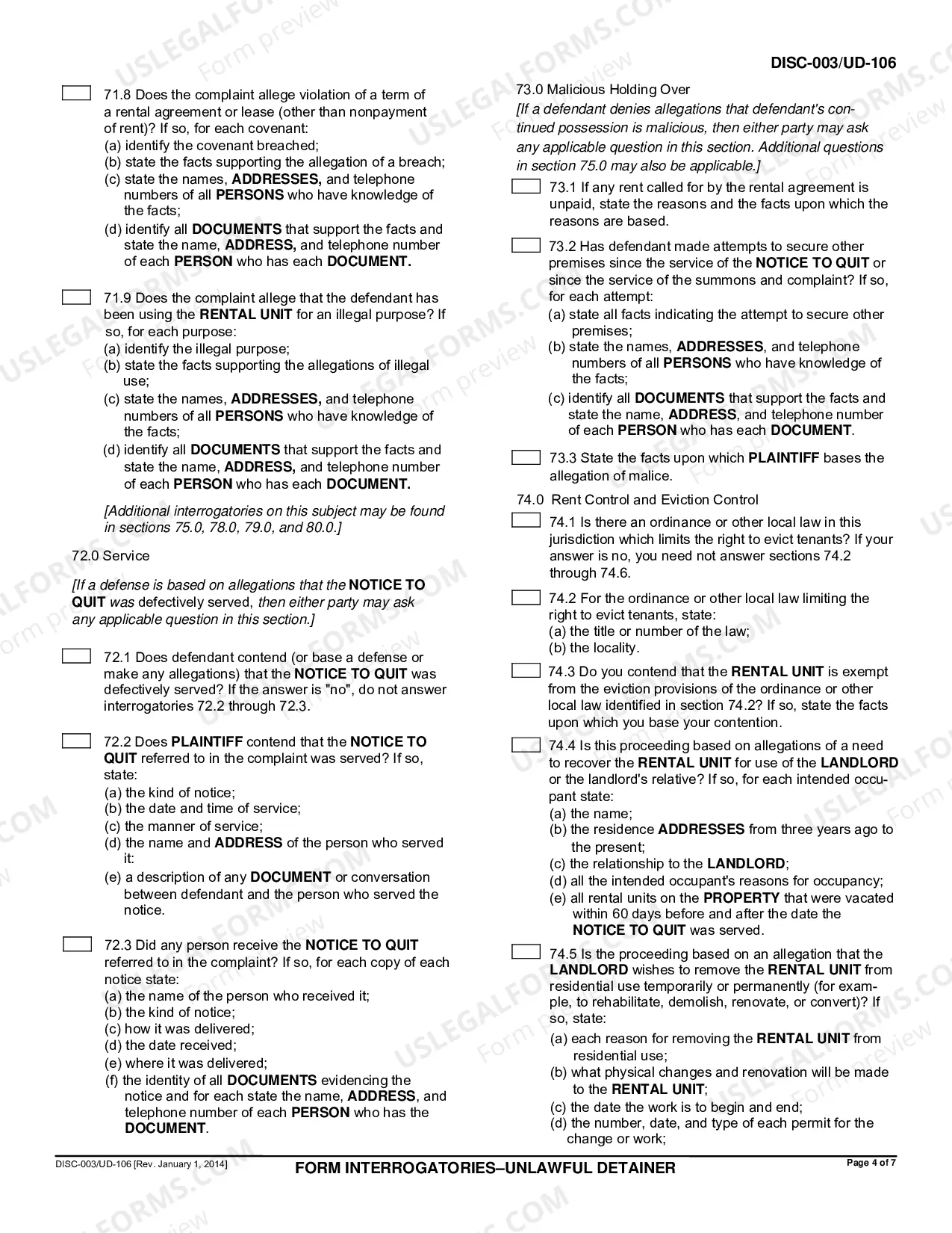 Preview Form Interrogatories - Unlawful Detainer