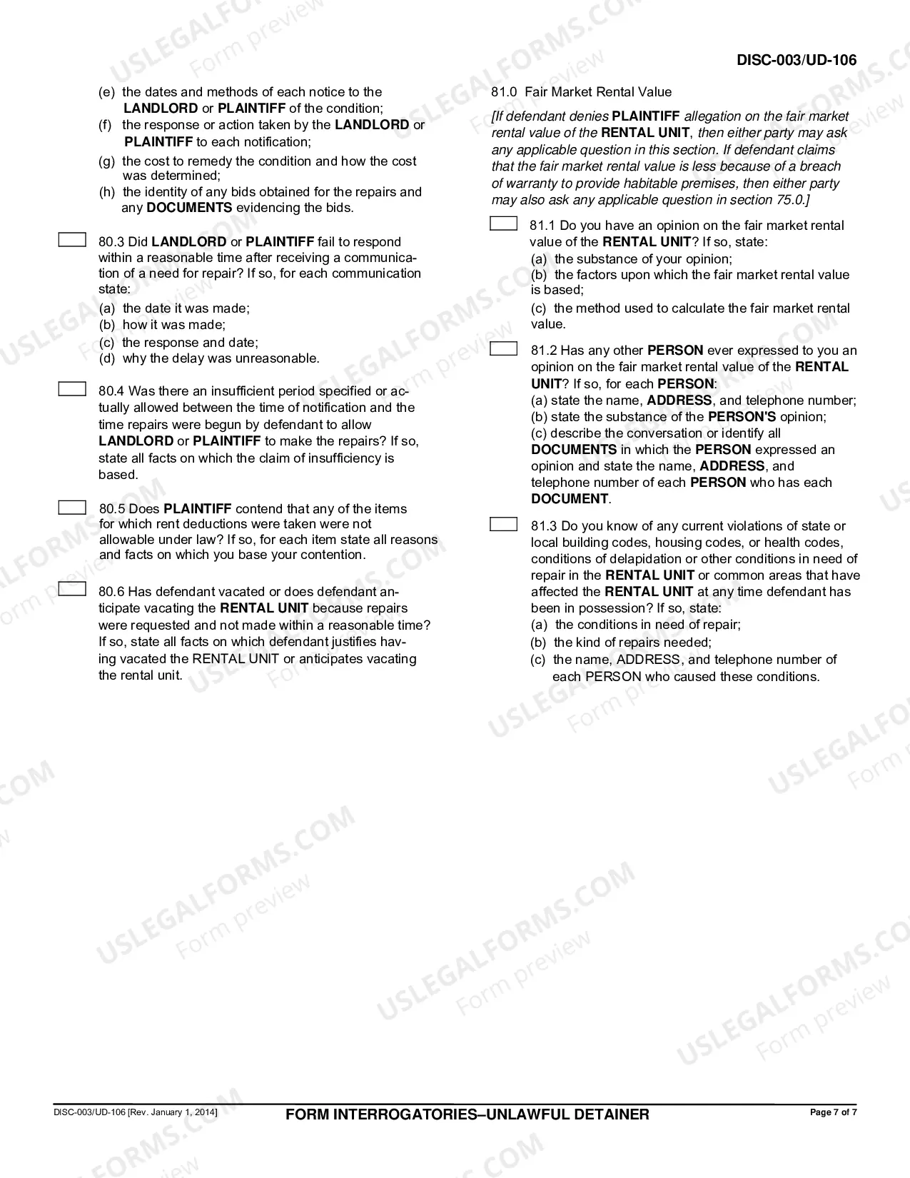 Preview Form Interrogatories - Unlawful Detainer