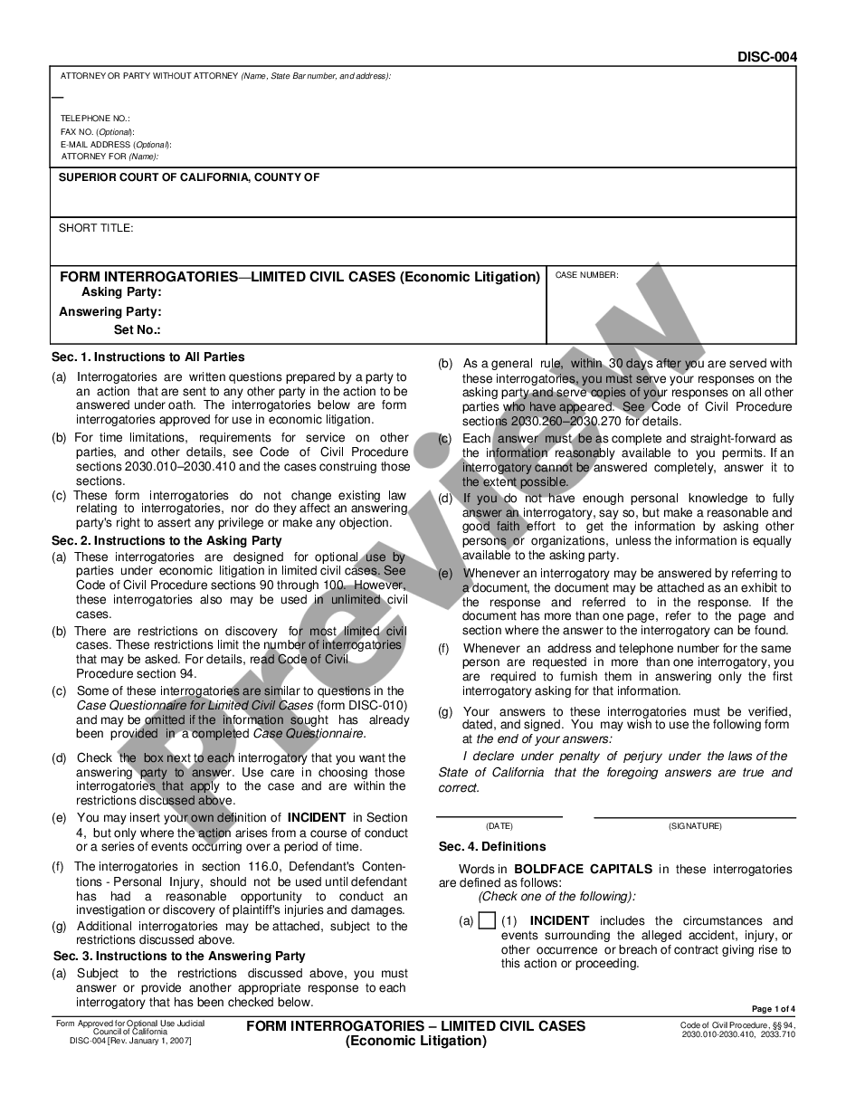 page 0 Form Interrogatories - Limited Civil Cases - Economic Litigation preview