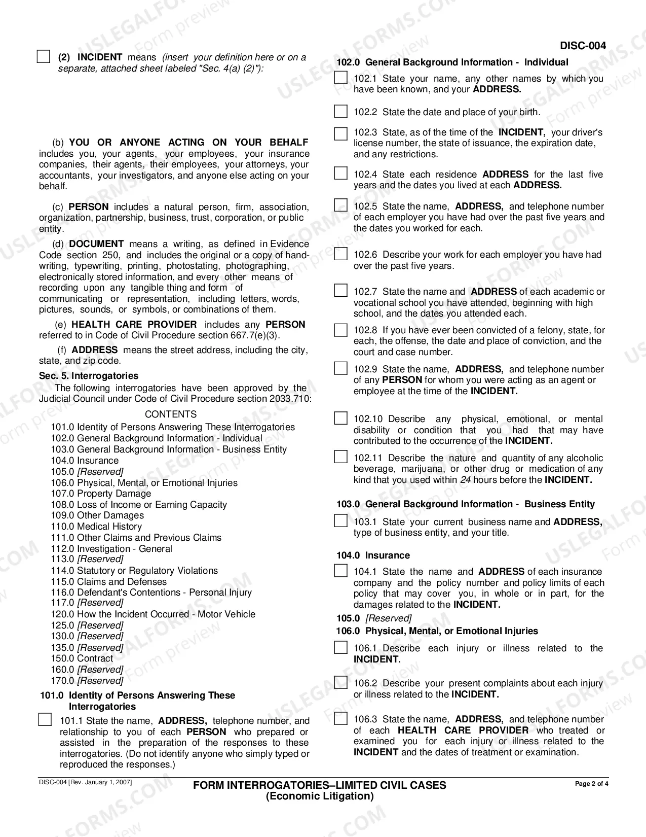 Preview Form Interrogatories - Limited Civil Cases - Economic Litigation