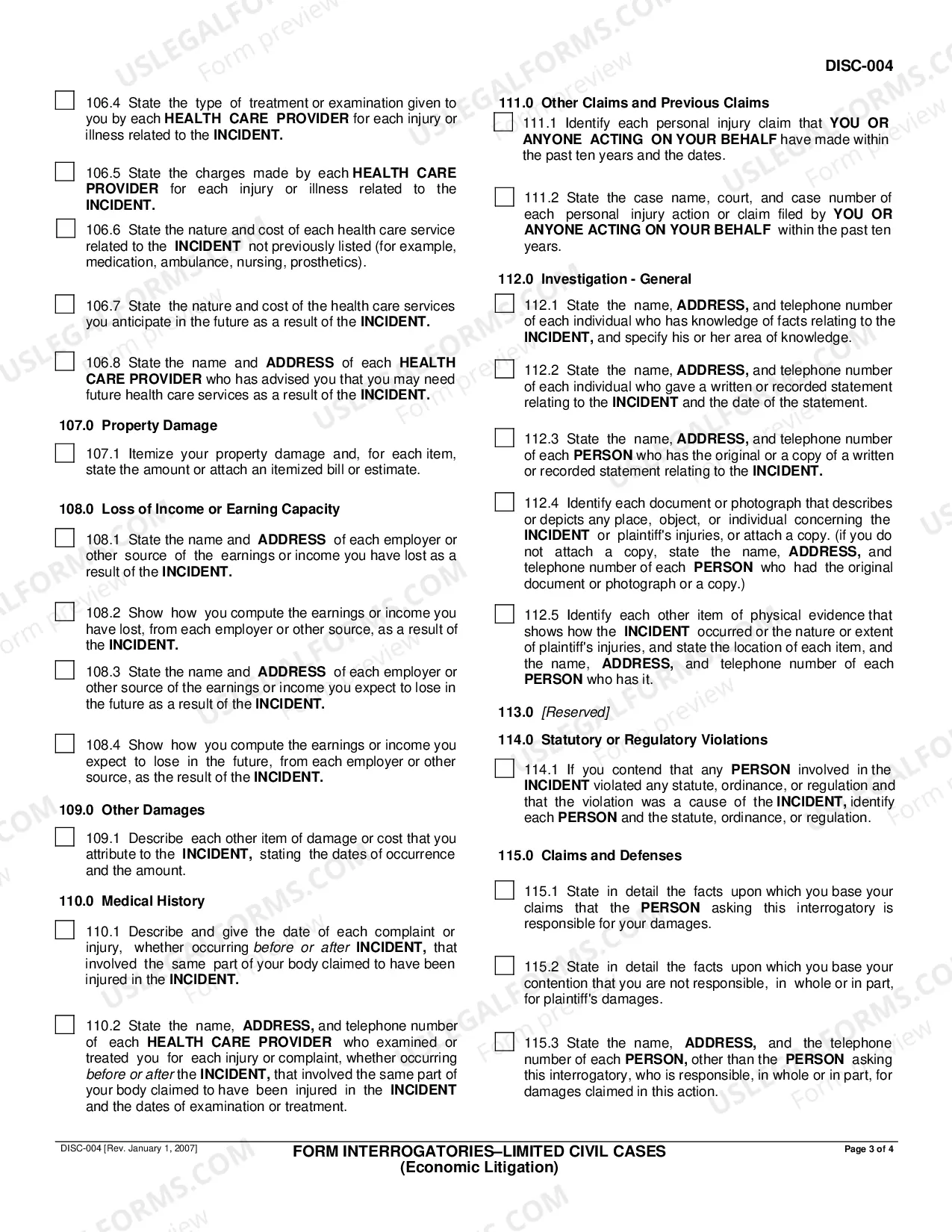 Preview Form Interrogatories - Limited Civil Cases - Economic Litigation