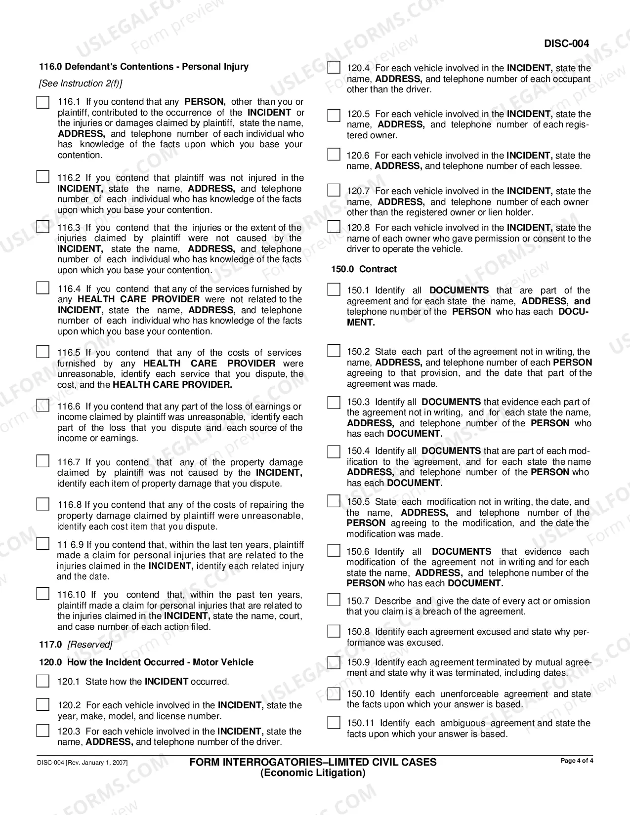 Preview Form Interrogatories - Limited Civil Cases - Economic Litigation