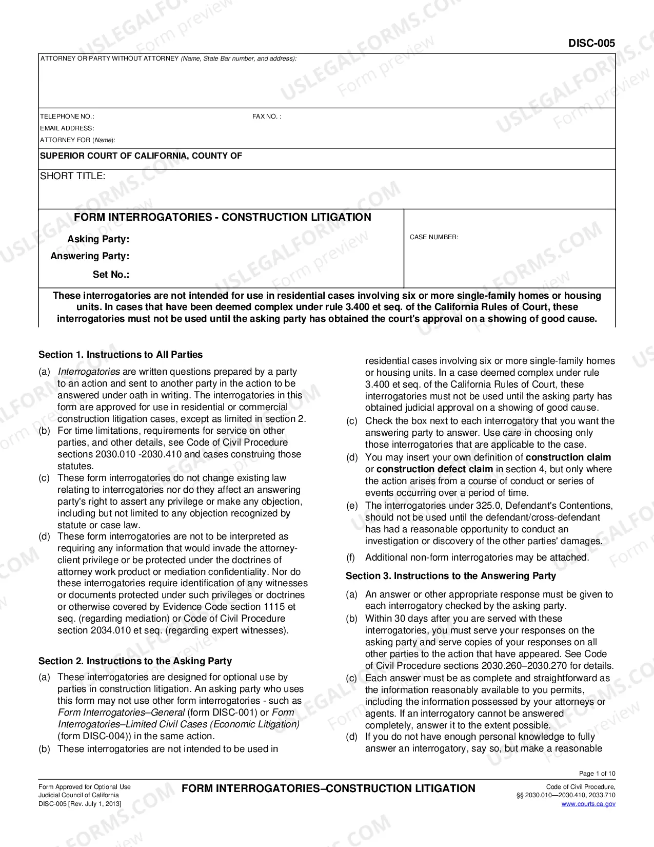 Preview Form Interrogatories - Construction Litigation