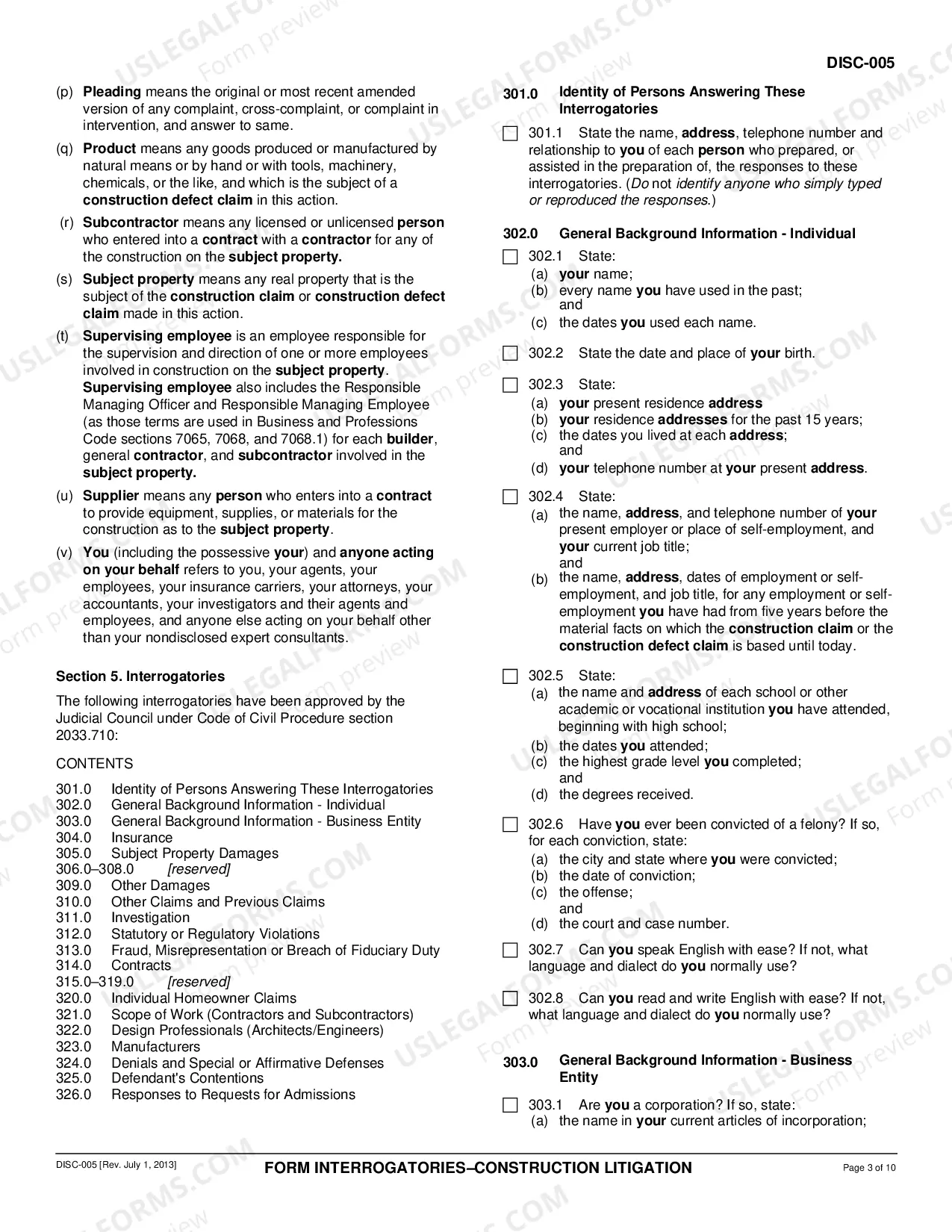 Preview Form Interrogatories - Construction Litigation