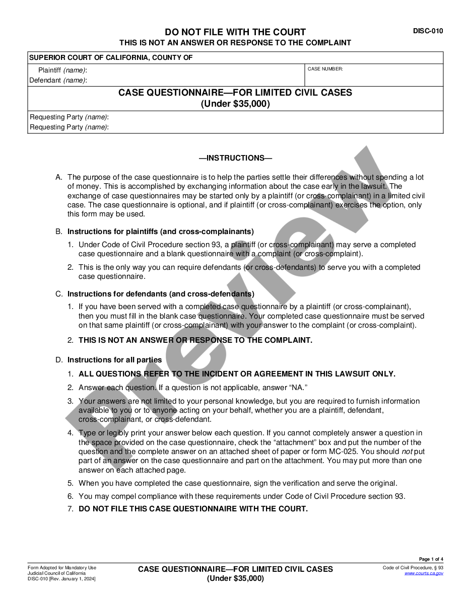 page 0 Case Questionnaire - For Limited Civil Cases - Under $25,000 preview