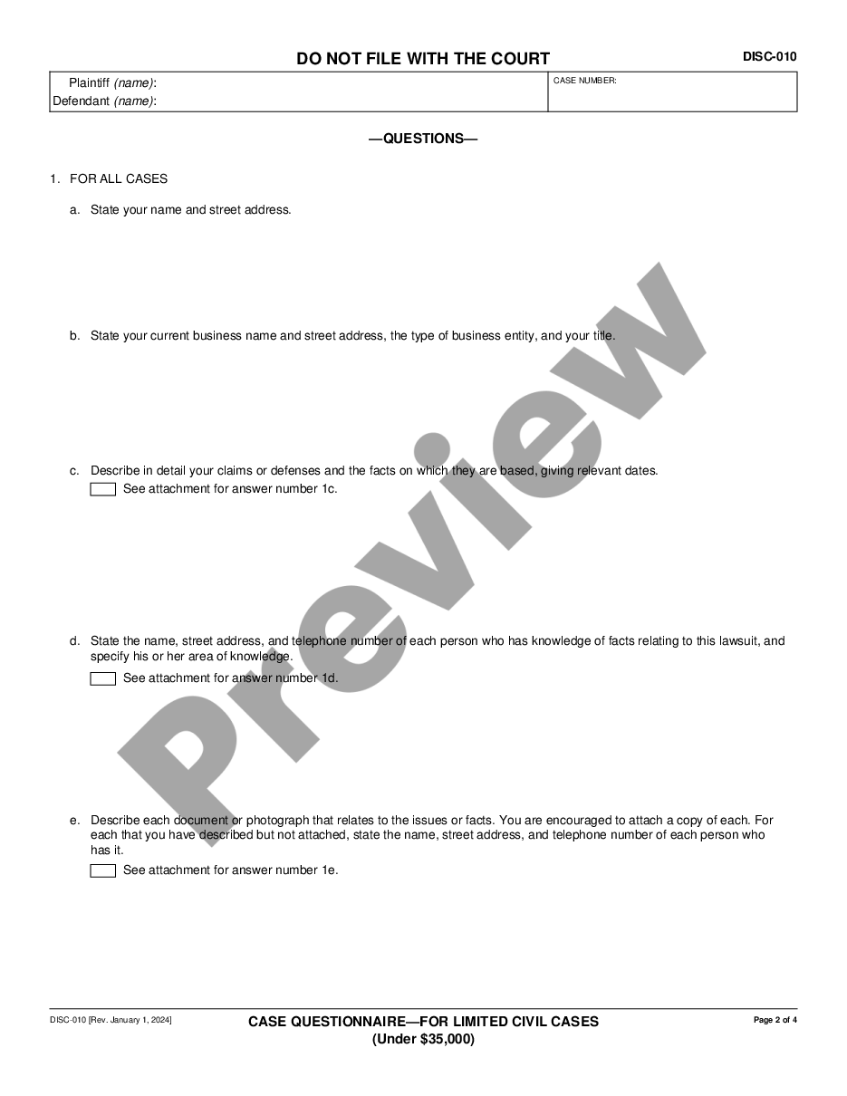 page 1 Case Questionnaire - For Limited Civil Cases - Under $25,000 preview