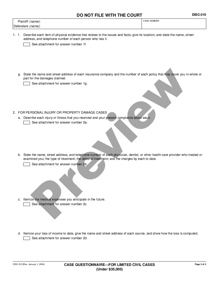 page 2 Case Questionnaire - For Limited Civil Cases - Under $25,000 preview