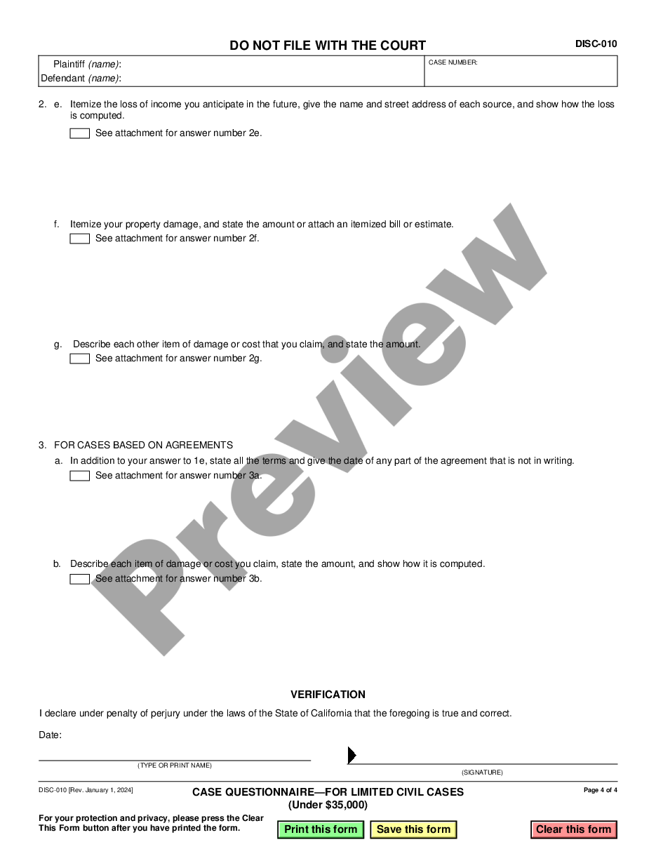 page 3 Case Questionnaire - For Limited Civil Cases - Under $25,000 preview