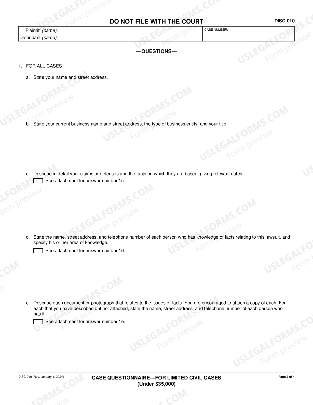 Preview Case Questionnaire - For Limited Civil Cases - Under $25,000