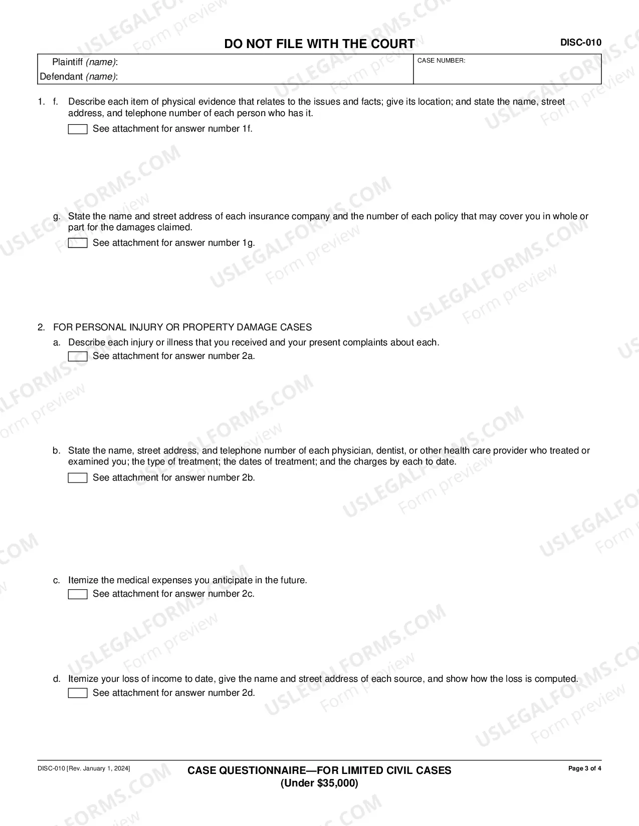 Preview Case Questionnaire - For Limited Civil Cases - Under $25,000