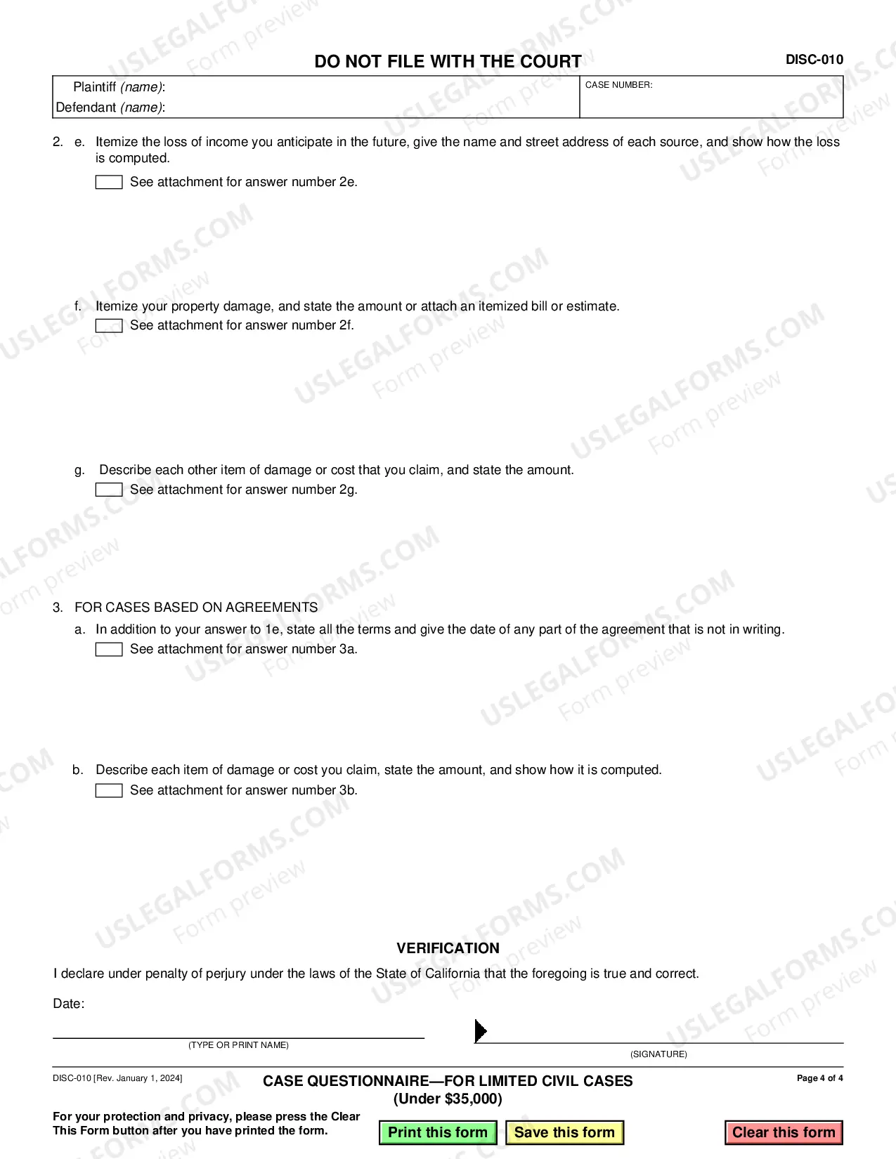 Preview Case Questionnaire - For Limited Civil Cases - Under $25,000