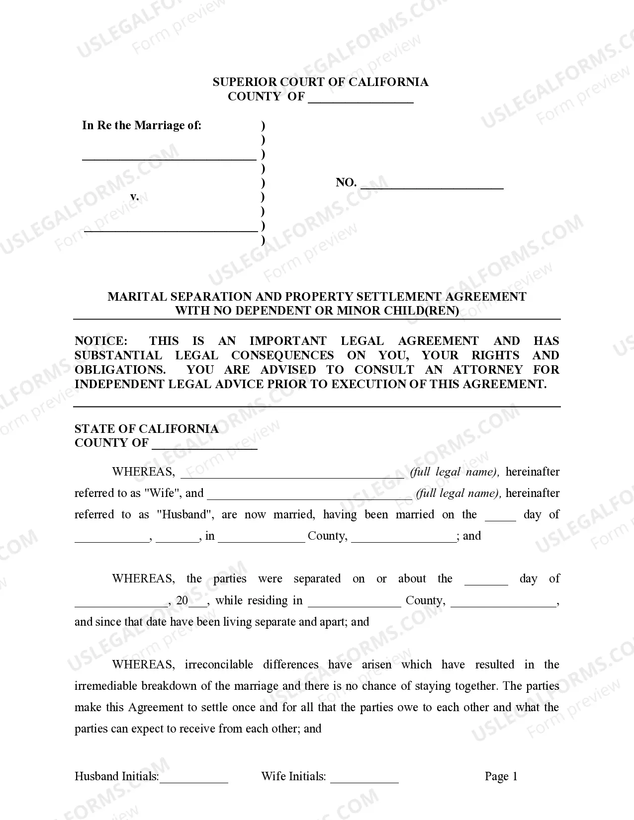 Preview Marital Legal Separation and Property Settlement Agreement where No Children or No Joint Property or Debts and Divorce Action Filed