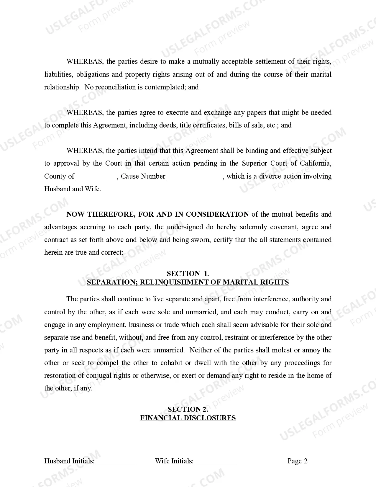 Preview Marital Legal Separation and Property Settlement Agreement where No Children or No Joint Property or Debts and Divorce Action Filed