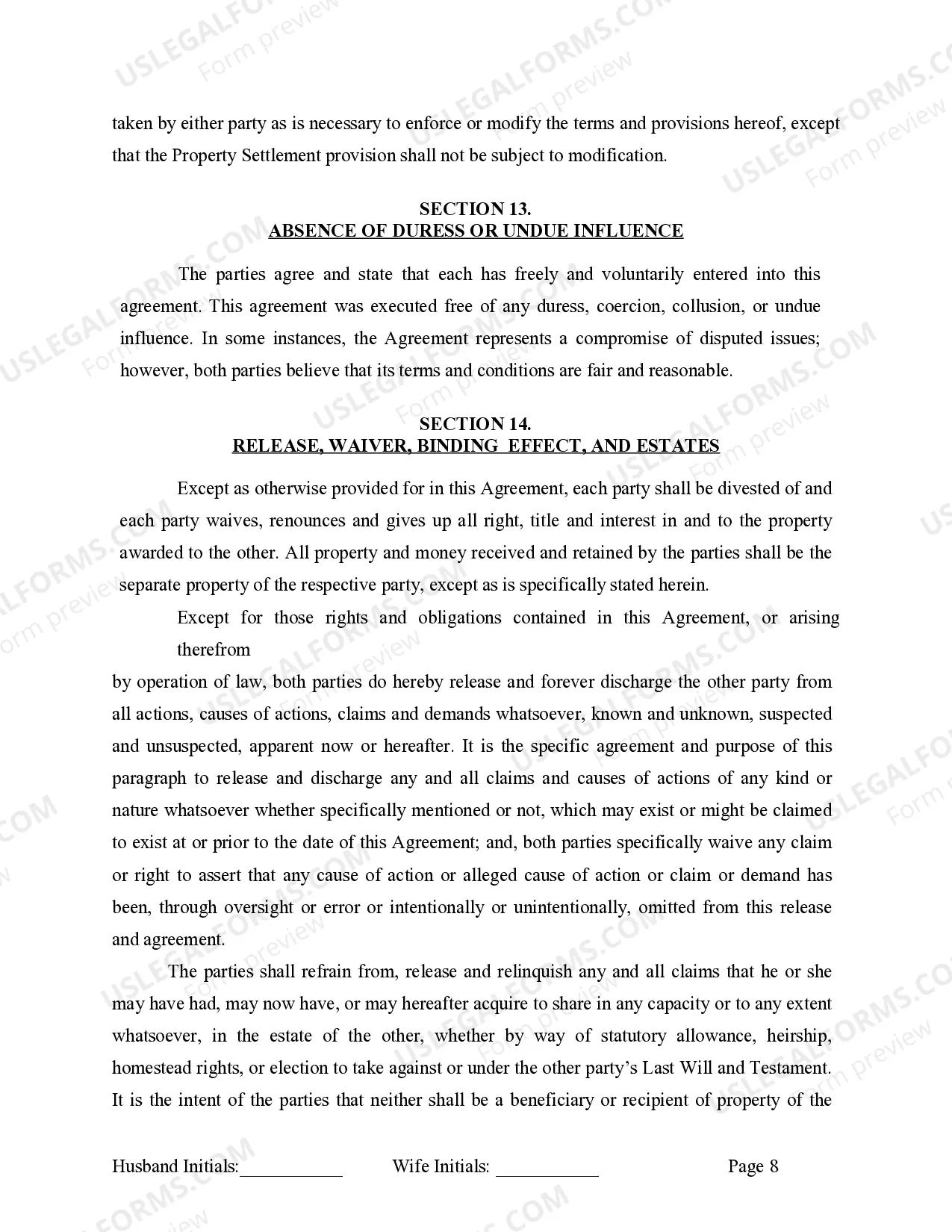 Preview Marital Legal Separation and Property Settlement Agreement where No Children or No Joint Property or Debts and Divorce Action Filed