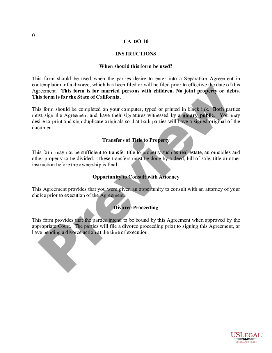 page 0 Marital Legal Separation and Property Settlement Agreement where Minor Children and No Joint Property or Debts and Divorce Action Filed preview