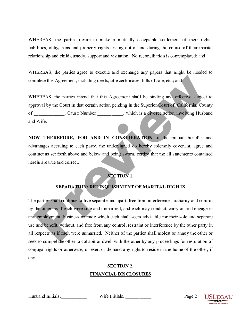 page 2 Marital Legal Separation and Property Settlement Agreement where Minor Children and No Joint Property or Debts and Divorce Action Filed preview