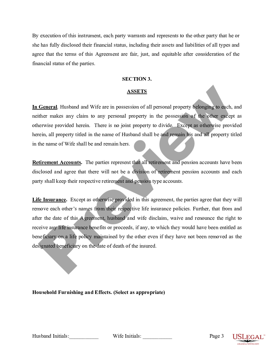 page 3 Marital Legal Separation and Property Settlement Agreement where Minor Children and No Joint Property or Debts and Divorce Action Filed preview
