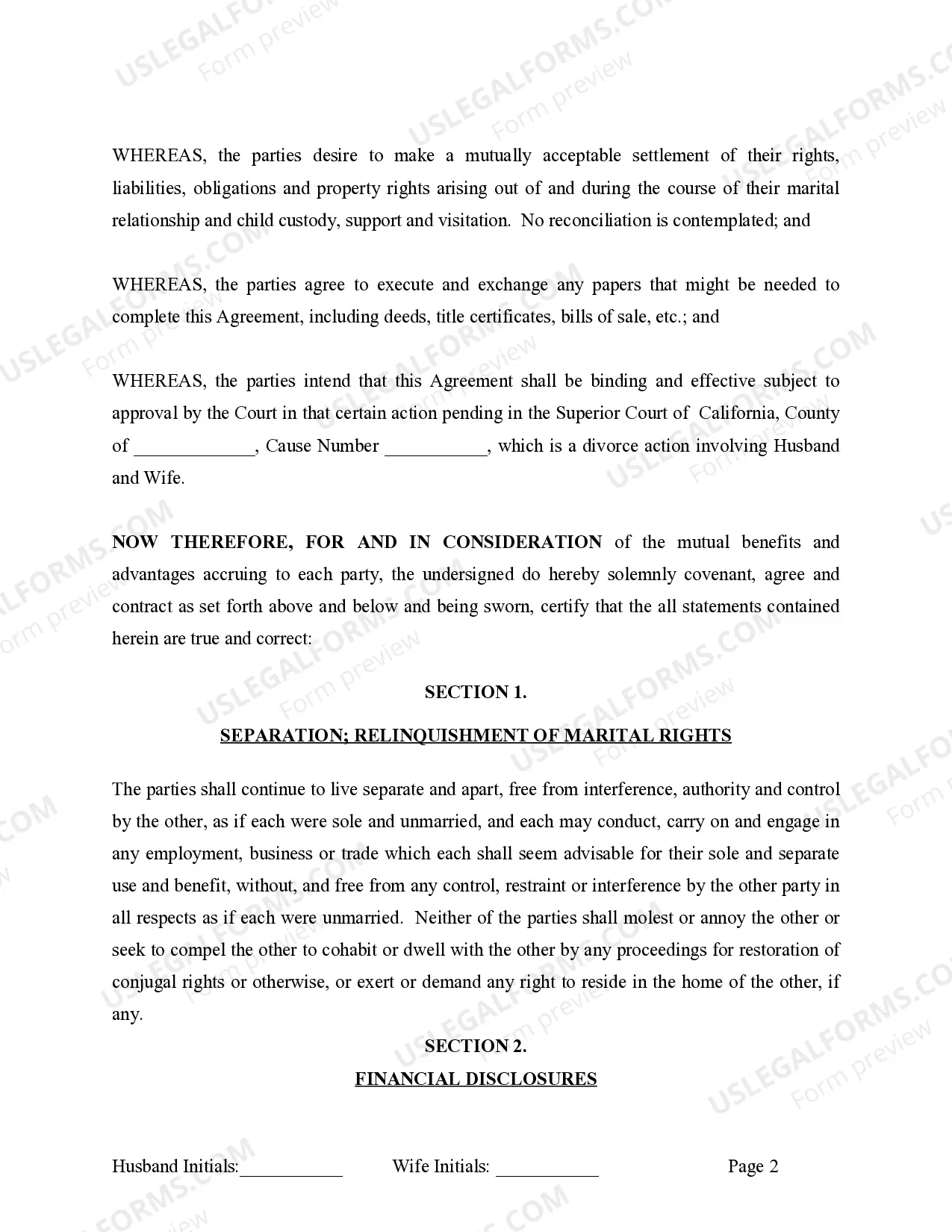 Preview Marital Legal Separation and Property Settlement Agreement where Minor Children and No Joint Property or Debts and Divorce Action Filed