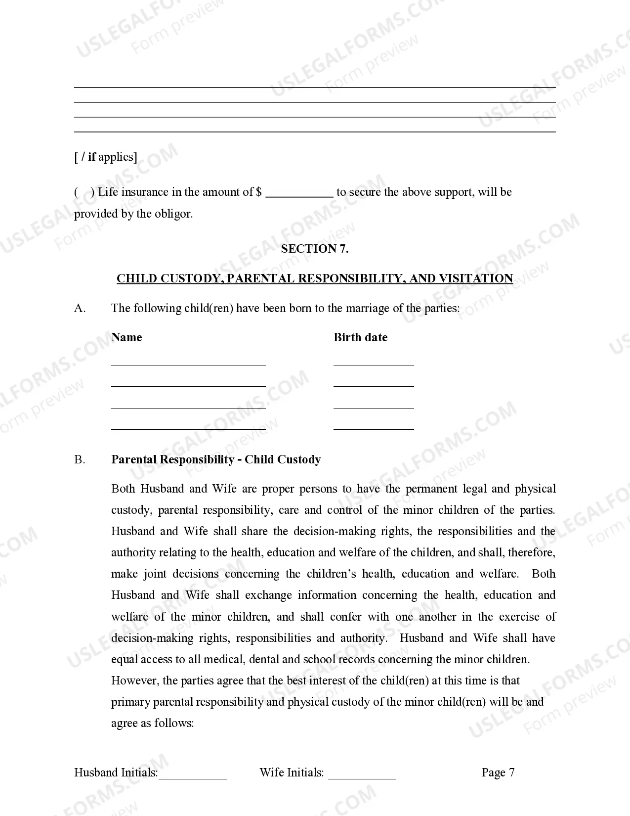 Preview Marital Legal Separation and Property Settlement Agreement where Minor Children and No Joint Property or Debts and Divorce Action Filed