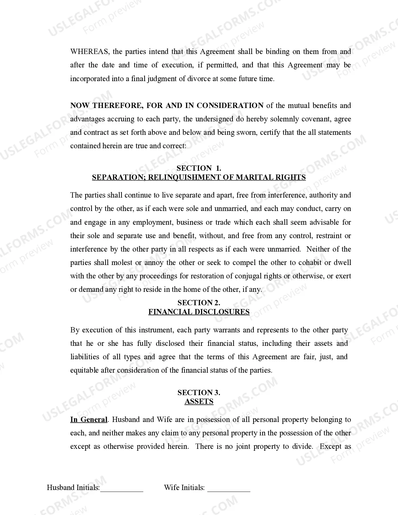 Preview Marital Legal Separation and Property Settlement Agreement where Minor Children and No Joint Property or Debts that is Effective Immediately